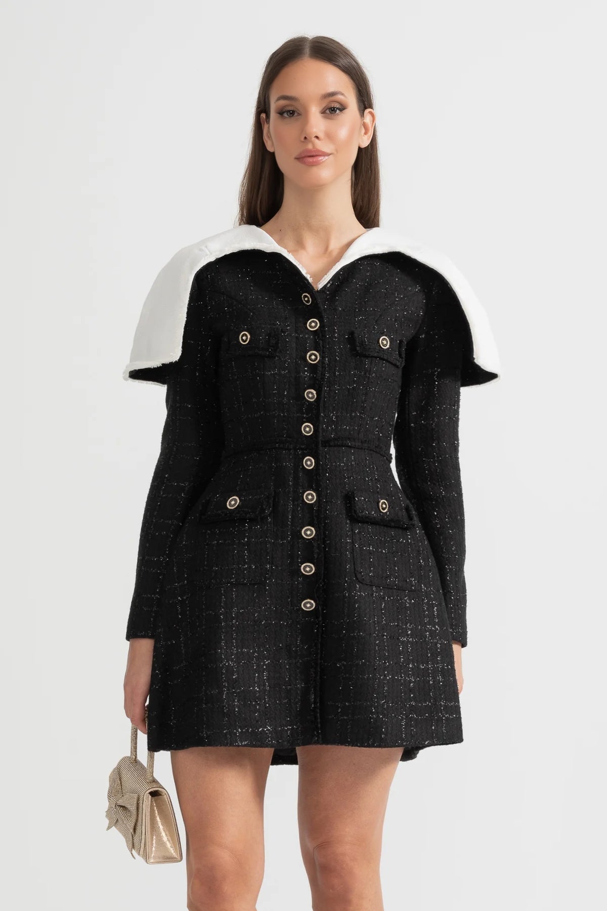 Long Sleeved Textured Tweed Dress With Distinctive Large Shoulder Flaps - Black