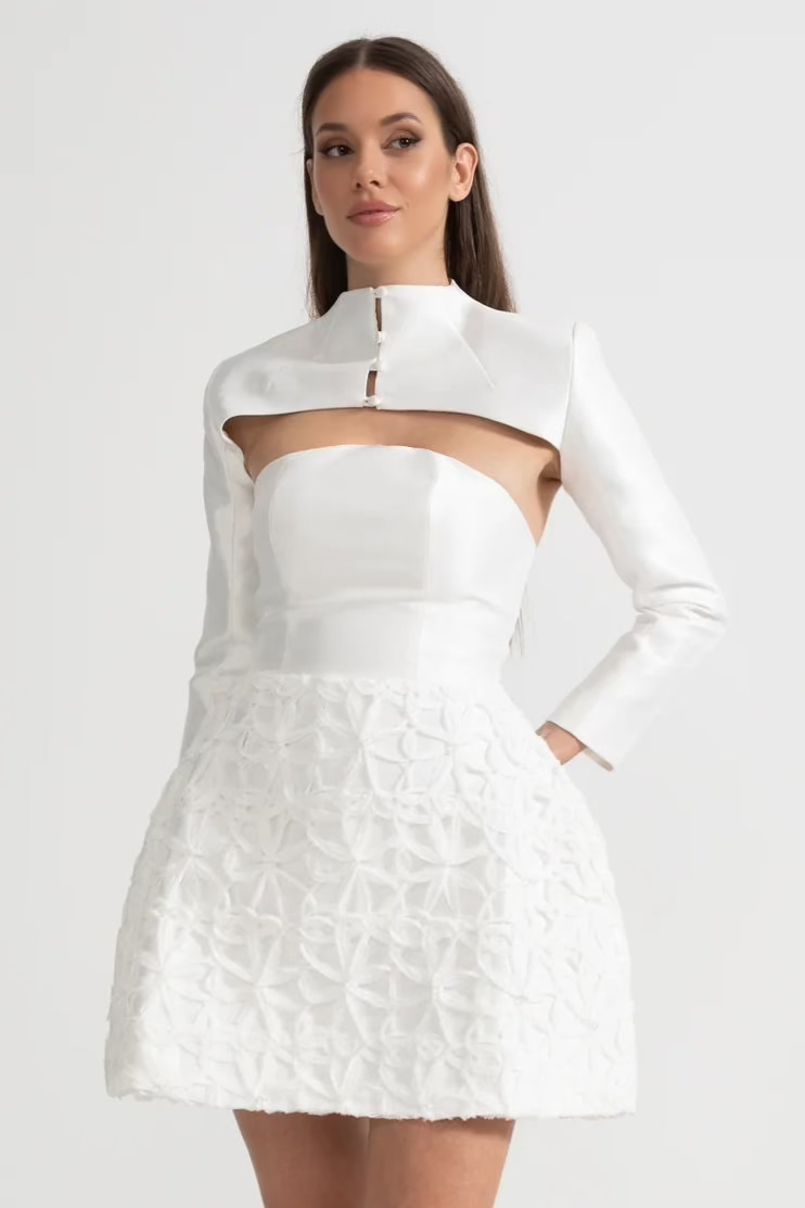 sculptural mini dress Textured Mini Dress with Detachable Sculptural Shoulder Bolero