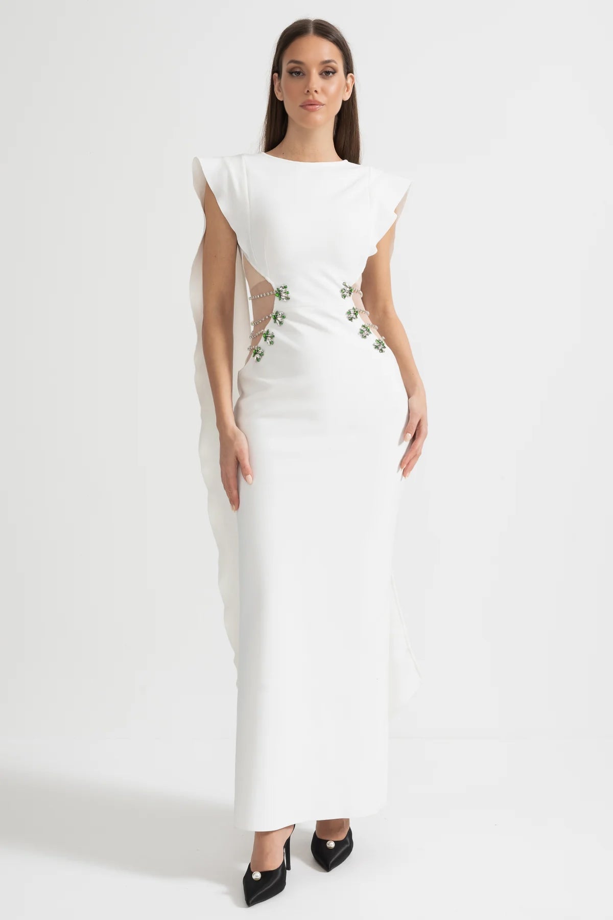 Embellished Cut-Out Maxi Dress with Statement Side Detailing - White