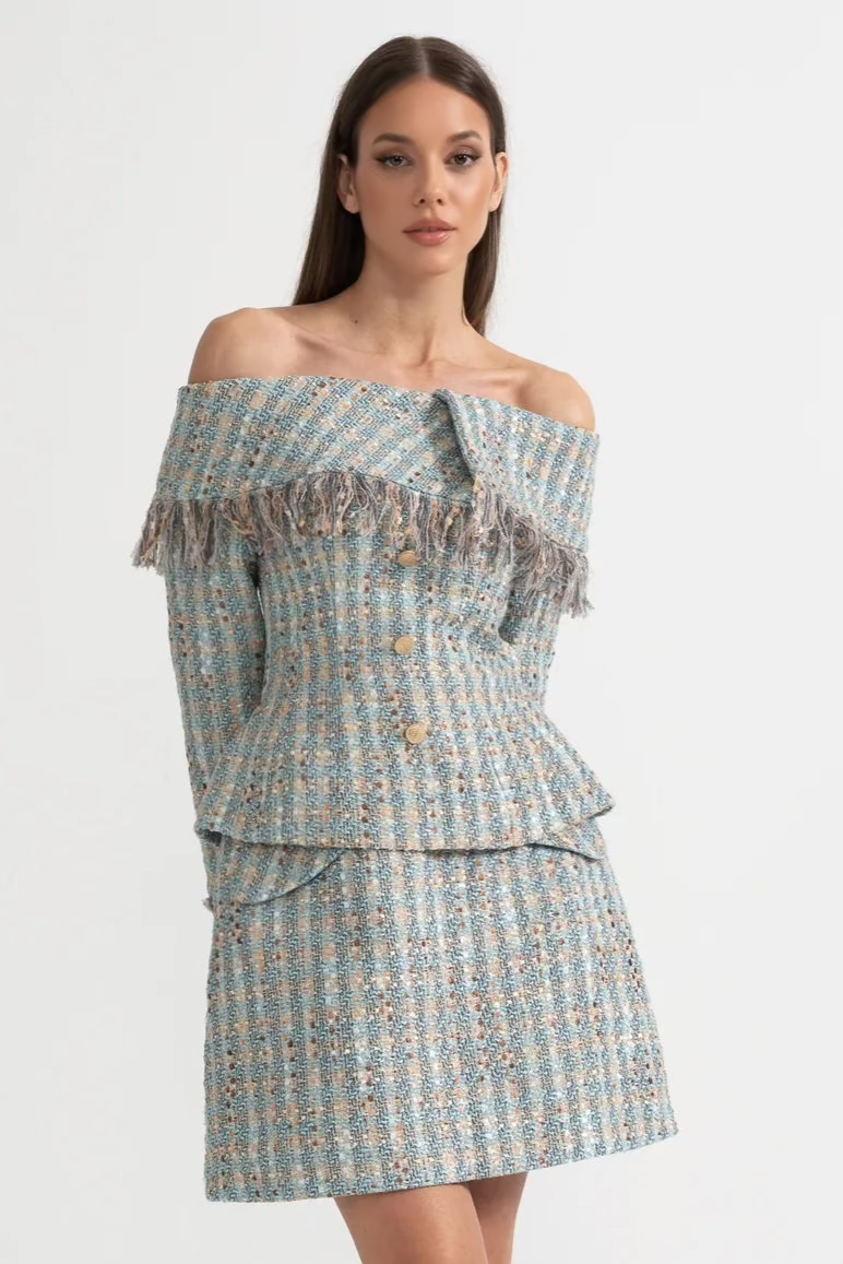 Madeleine Blue Plaid Tweed Set With Off-Shoulder Top And Coordinated Mini Skirt
