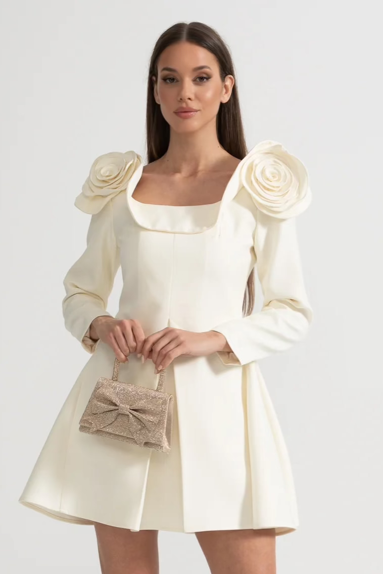 Elegant Mini Dress With Square Neckline, 3D Floral Appliques And Flare