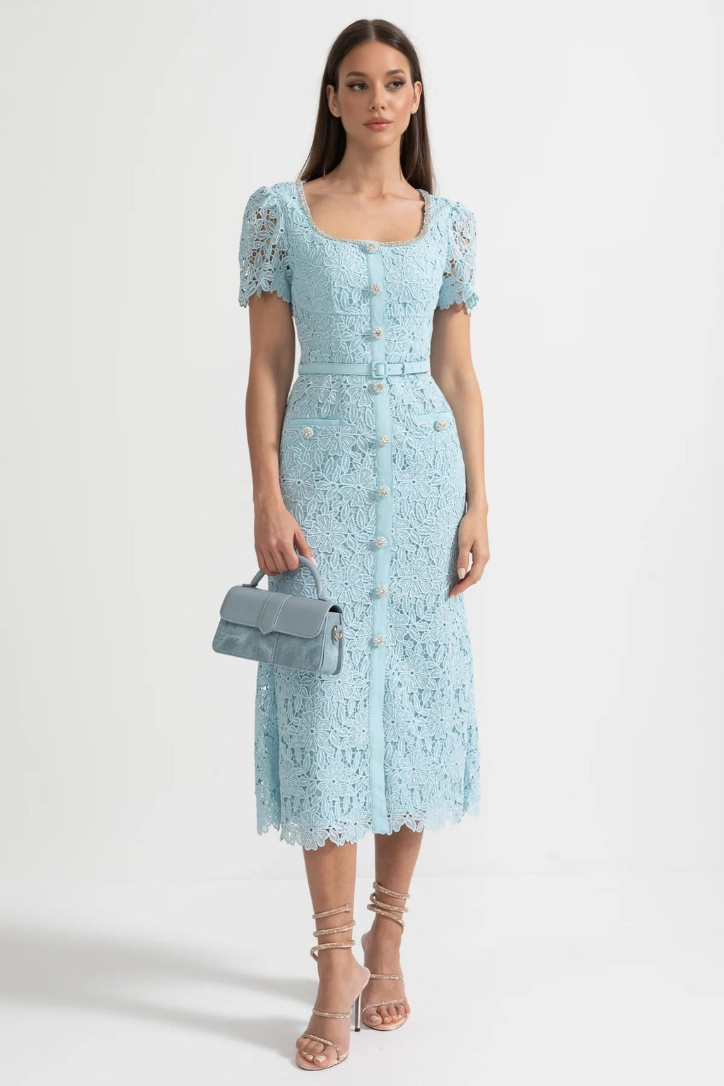 blue fine lace midi dress AE Bella Lace Inset Midi Dress