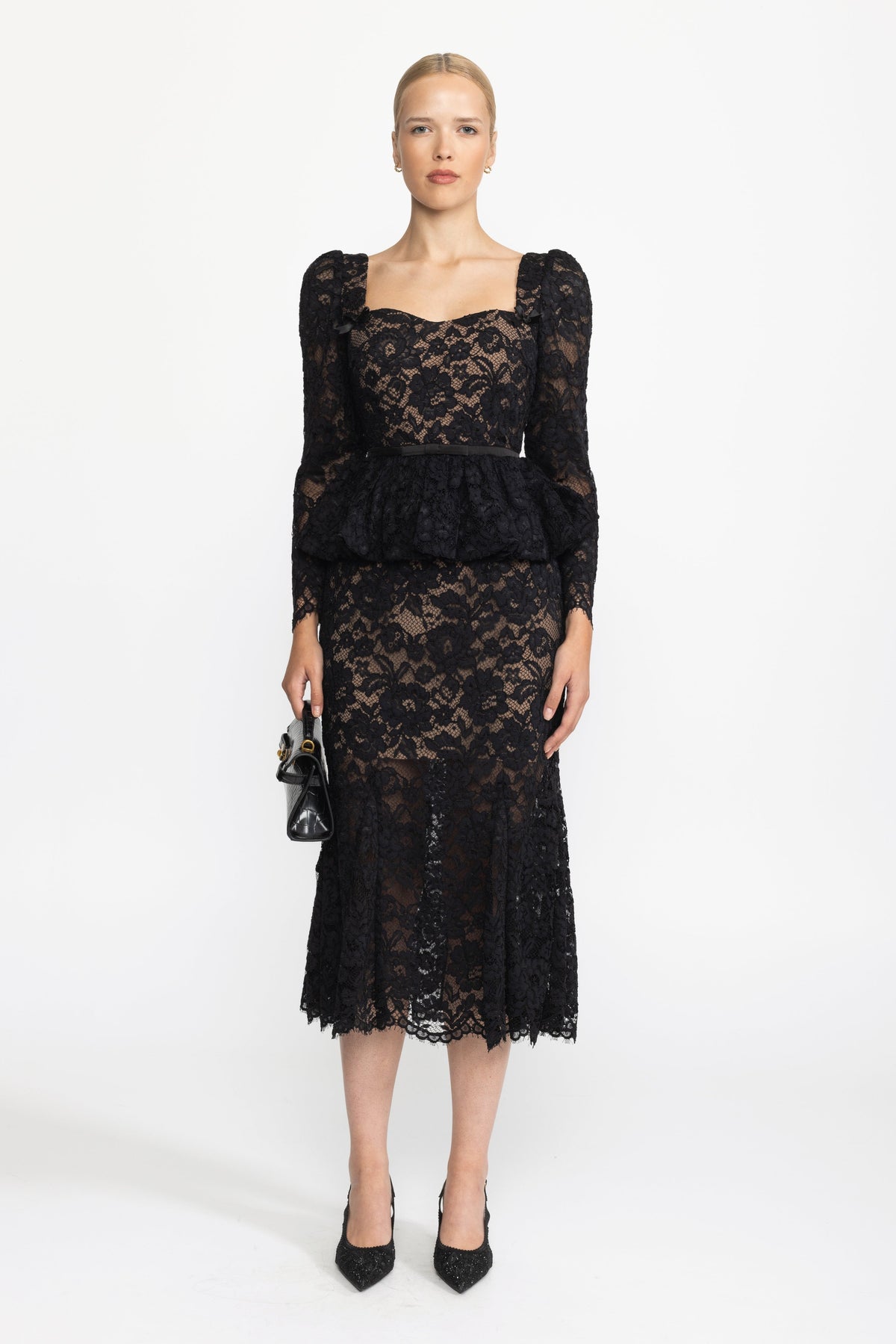 Lace Sweetheart Peplum Midi Dress with Puff Sleeves - Black
