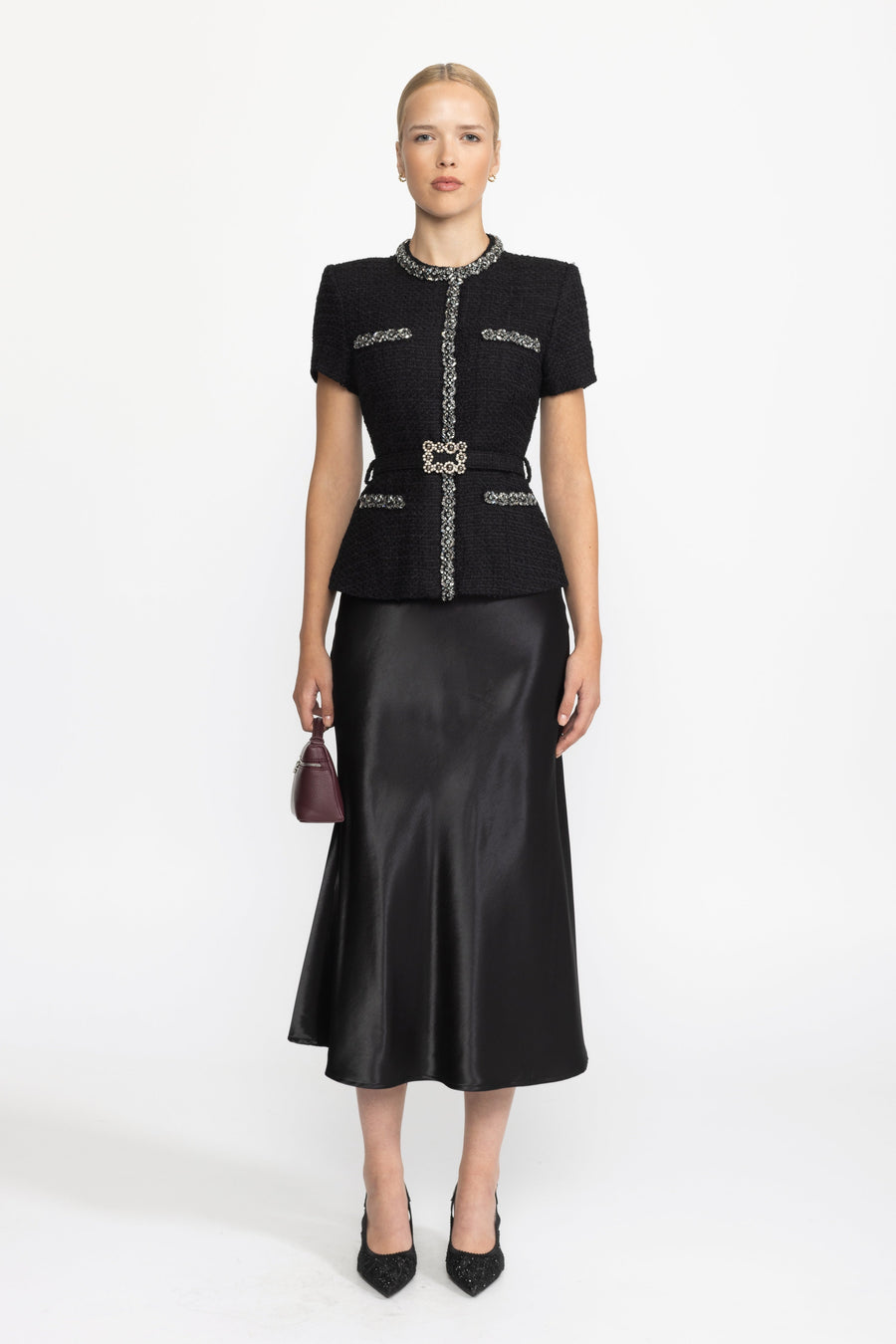 Crystal Trim Tweed and Satin Peplum Midi Dress - Black