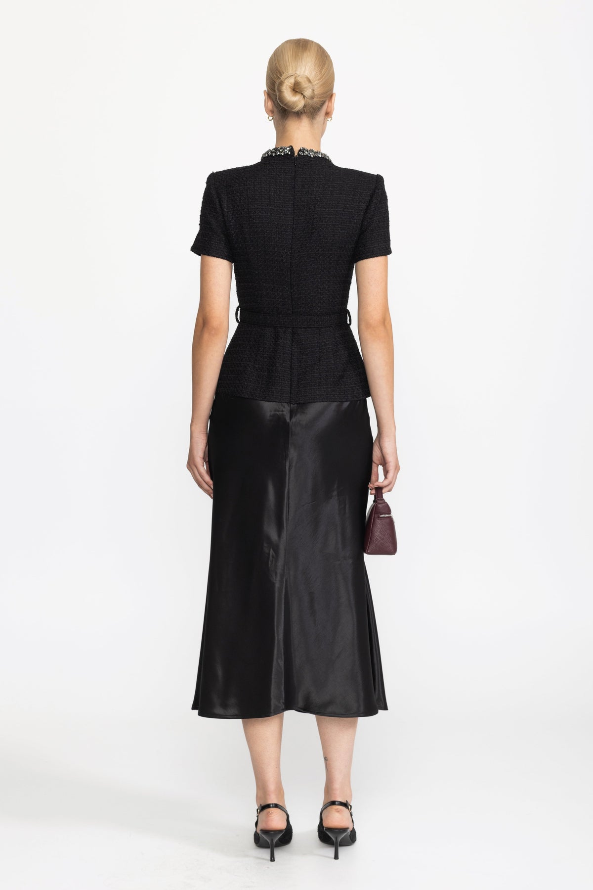 Crystal Trim Tweed and Satin Peplum Midi Dress - Black