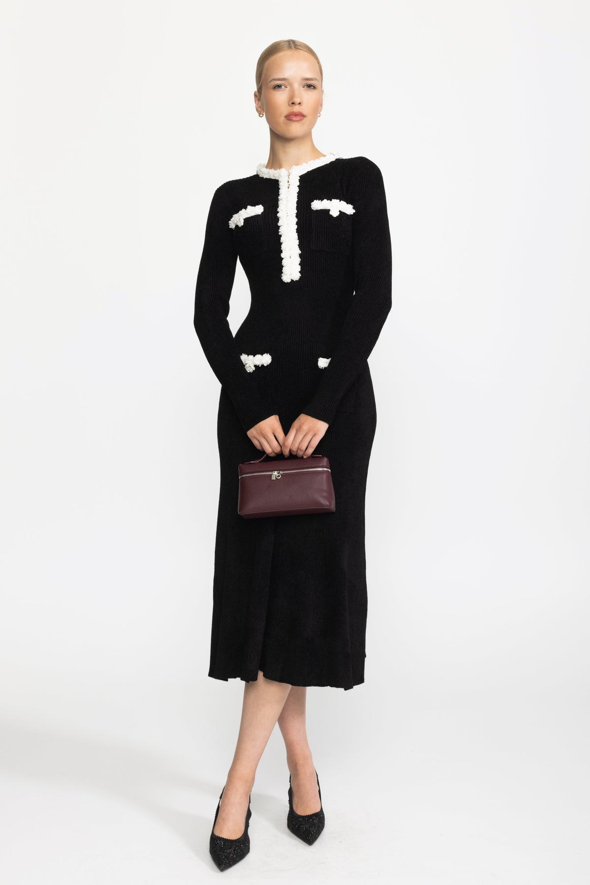 Bertille Black Chenille Knit Midi Dress with Contrast Bobble Trim