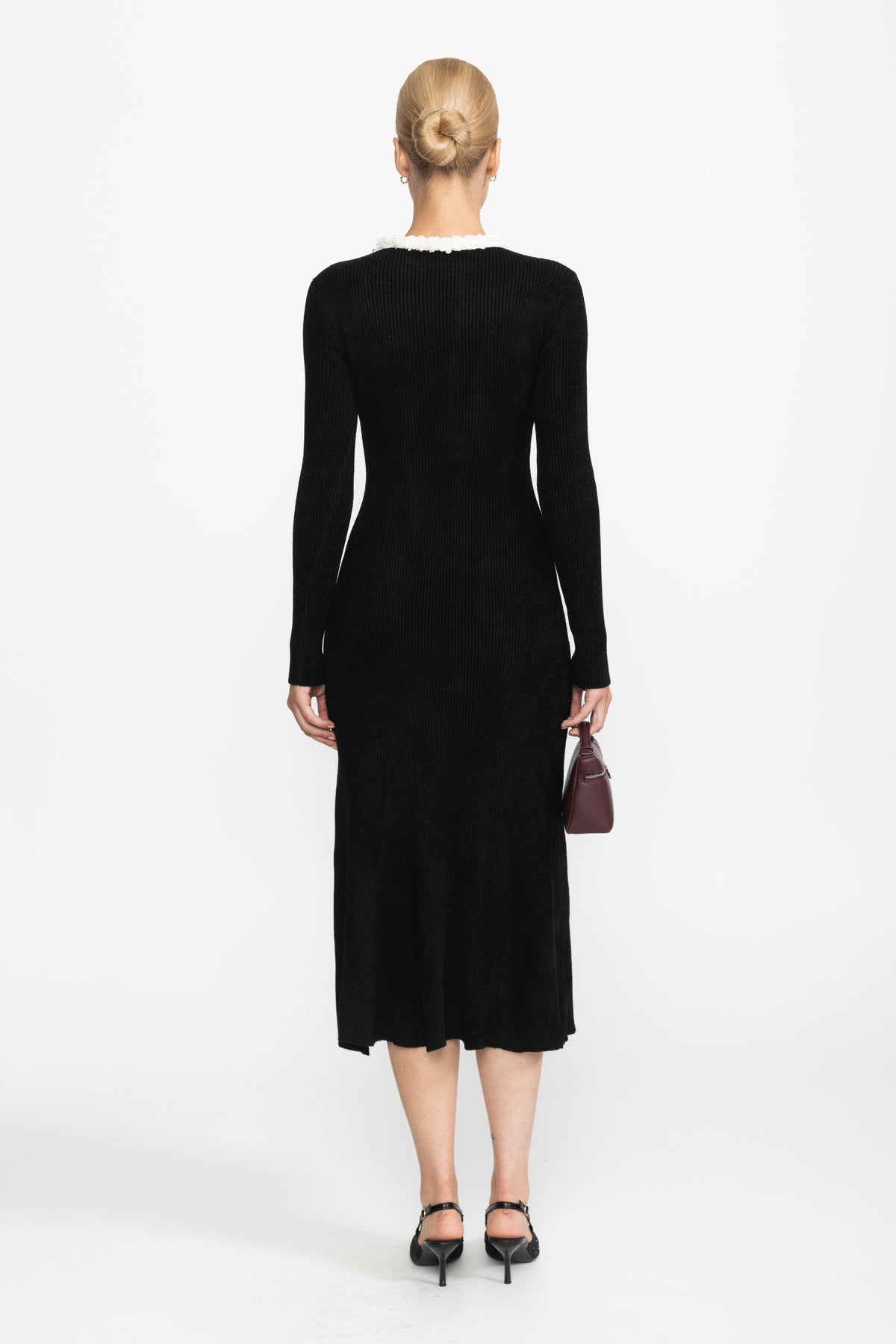 Bertille Black Chenille Knit Midi Dress with Contrast Bobble Trim