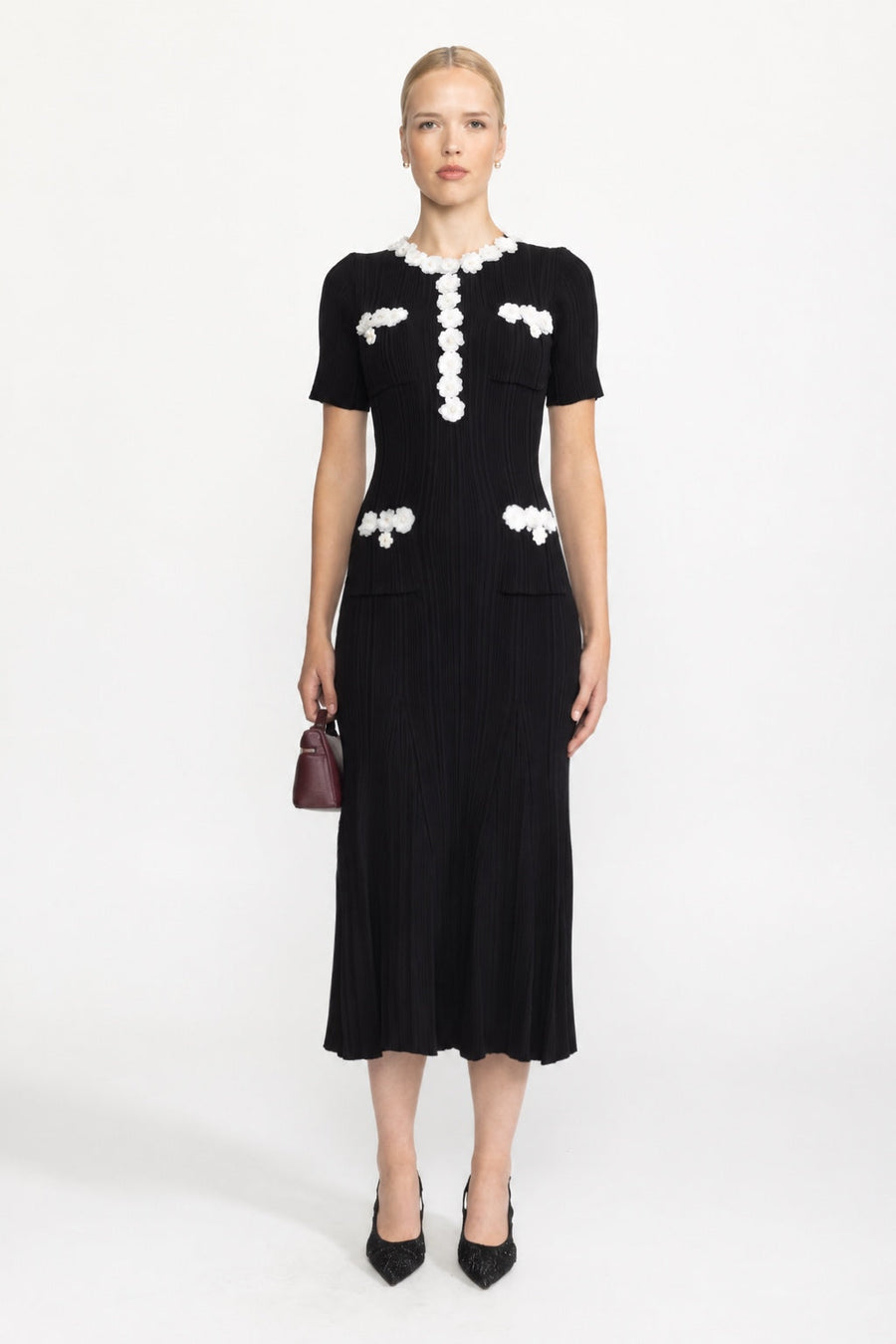 Florence Black Ribbed Knit Flower Appliqué Midi Dress