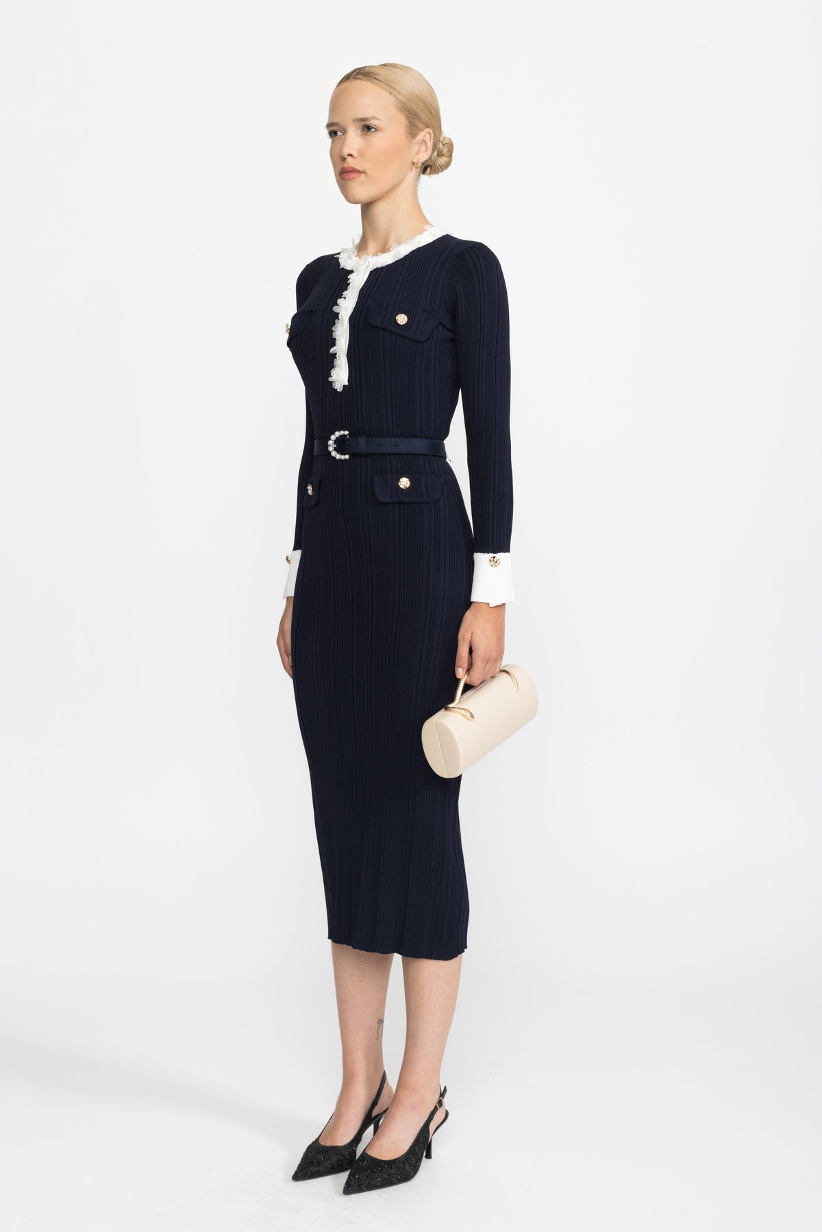 Albertine Navy Organza Ruffle Trim Rib Knit Belted Midi Dress