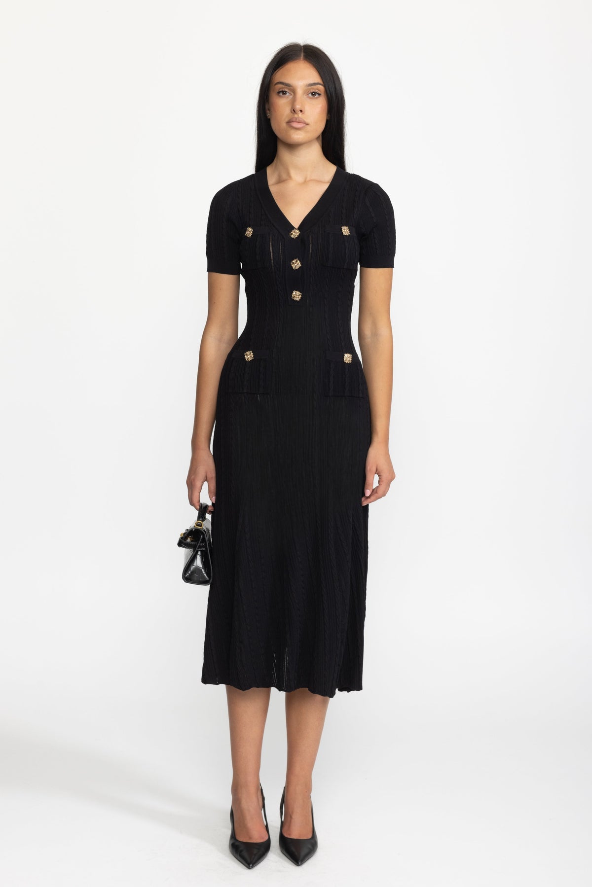 Clémence Black Cable Knit Jewel-Button Midi Dress