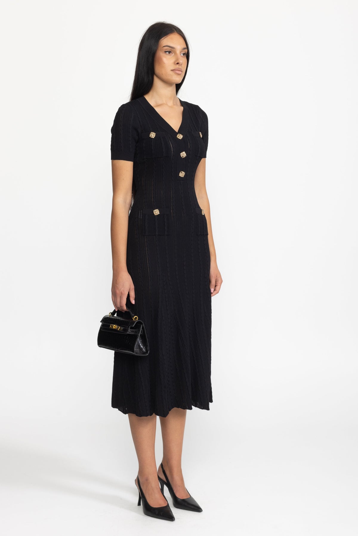 Clémence Black Cable Knit Jewel-Button Midi Dress