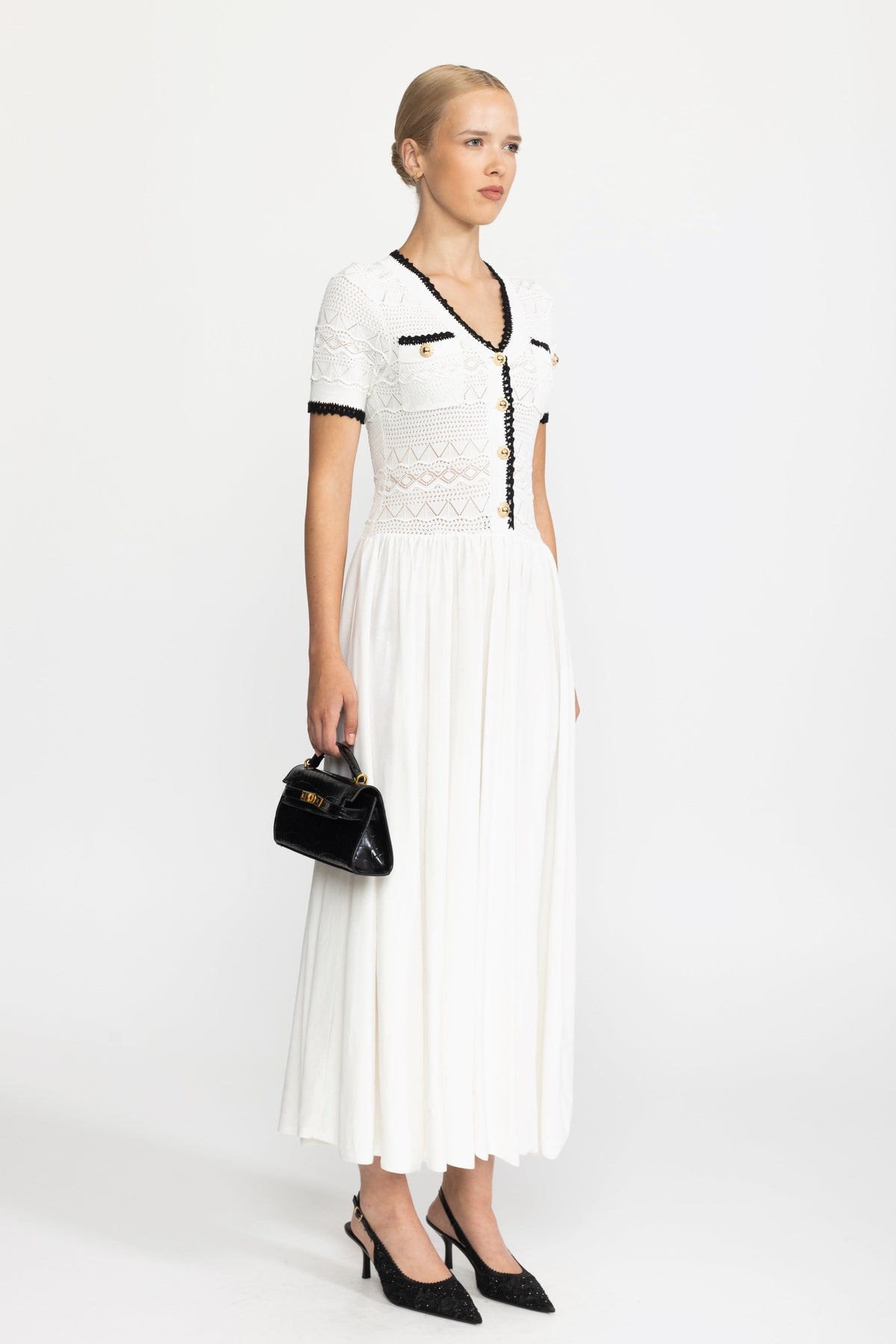 Agathe White Pointelle Knit Bodice Belted Maxi Dress