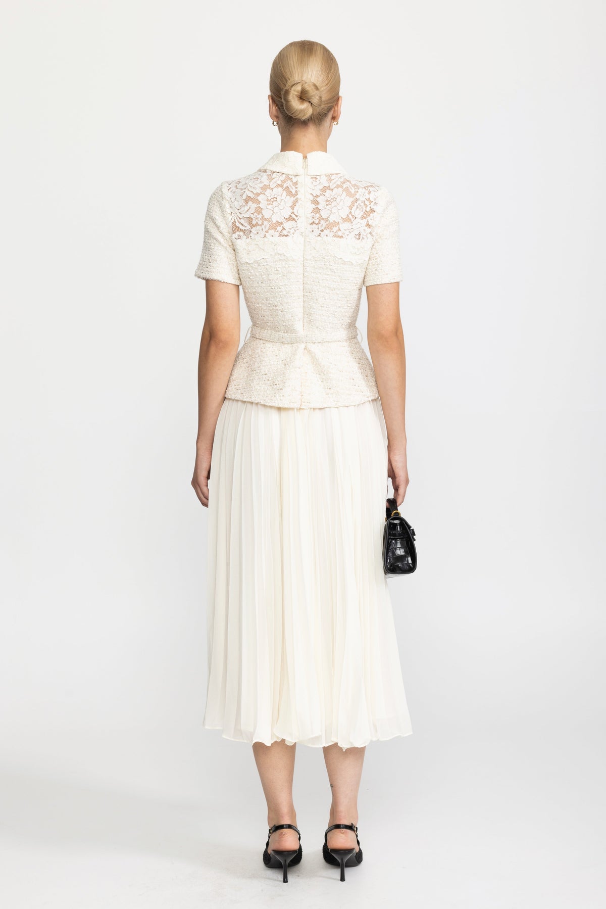 Domitille Ivoire Lace Yoke Tweed Peplum Dress with Pleated Skirt