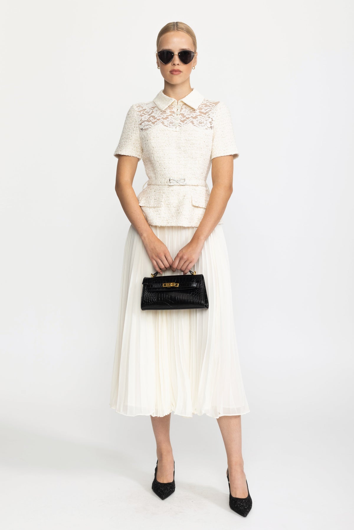 Domitille Ivoire Lace Yoke Tweed Peplum Dress with Pleated Skirt