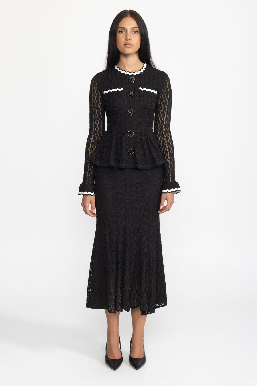 Hortense Black Crochet Knit Peplum Midi Dress with Ric-Rac Trim