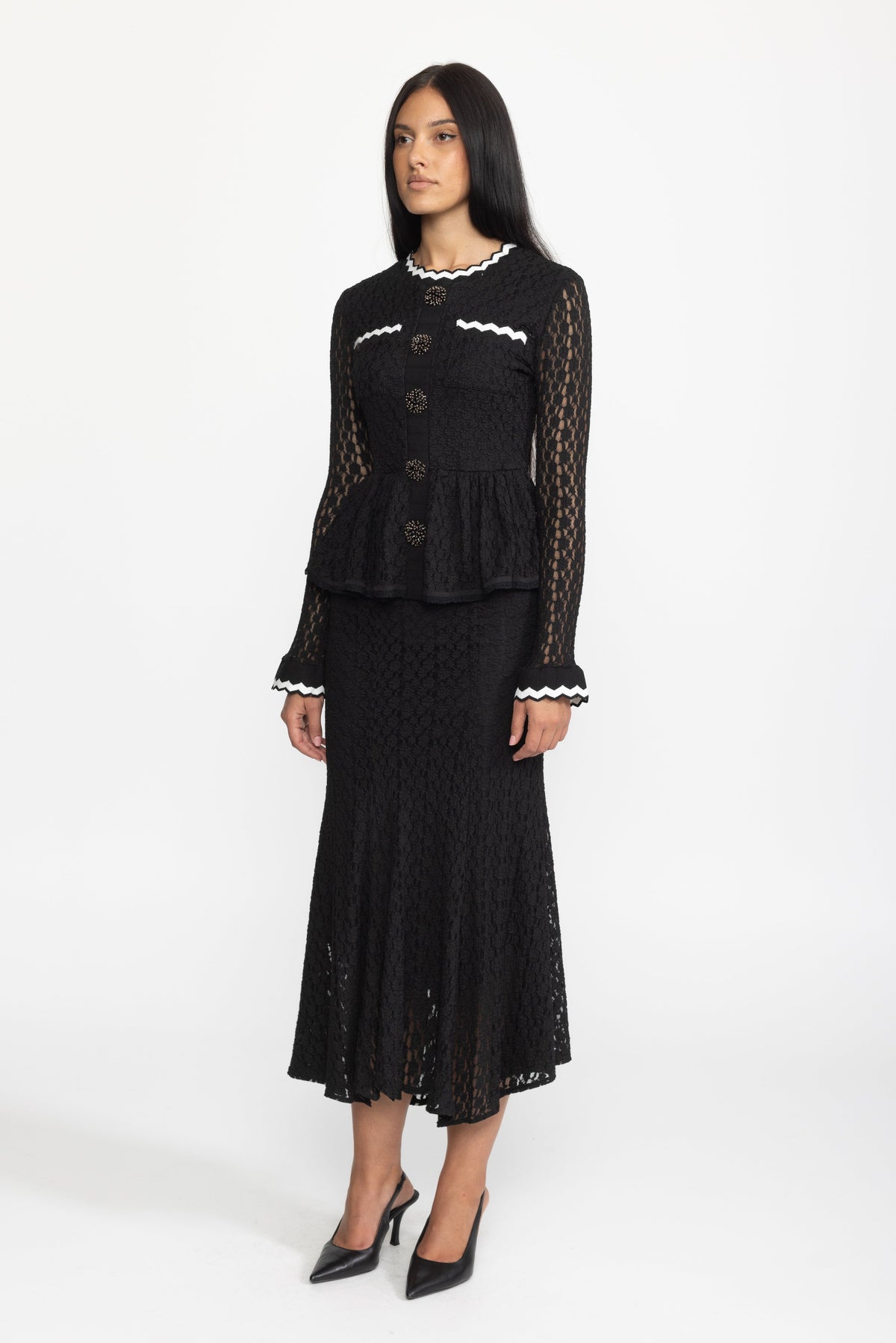 Hortense Black Crochet Knit Peplum Midi Dress with Ric-Rac Trim