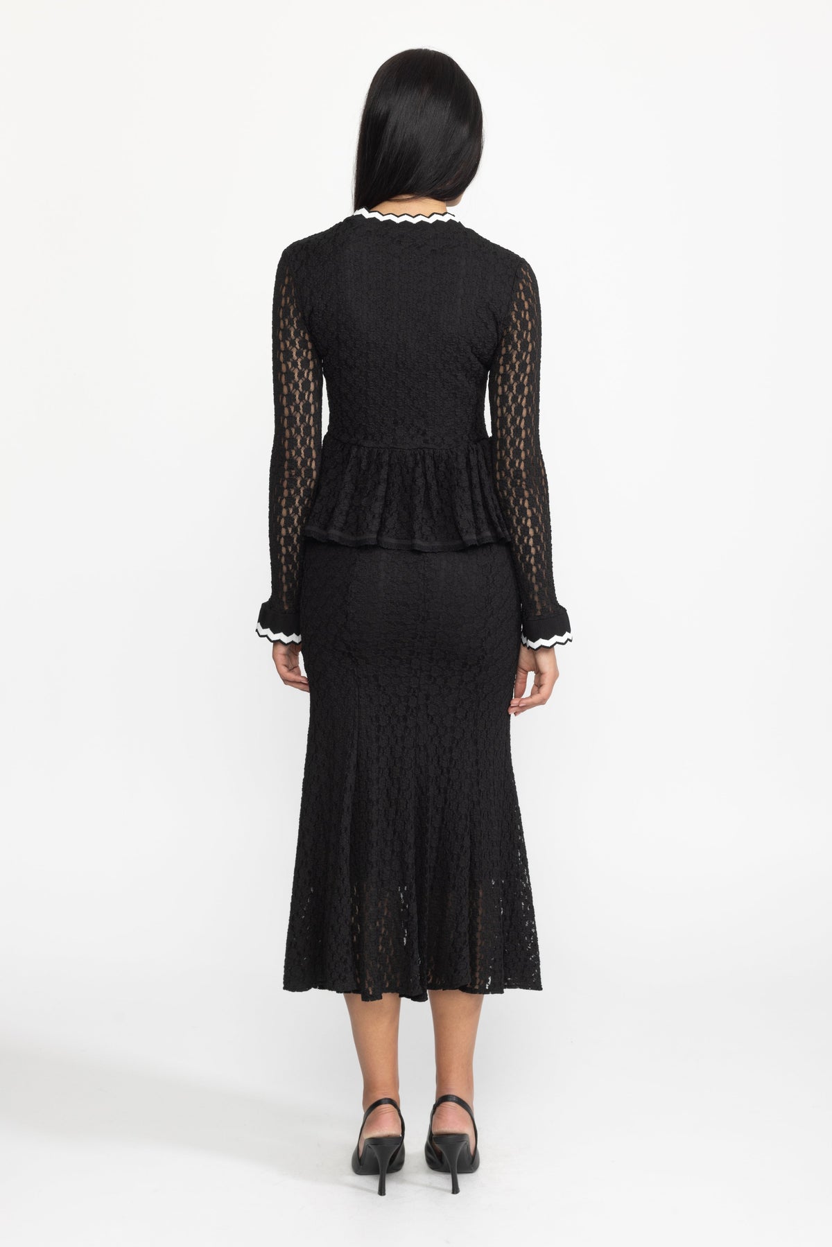 Hortense Black Crochet Knit Peplum Midi Dress with Ric-Rac Trim