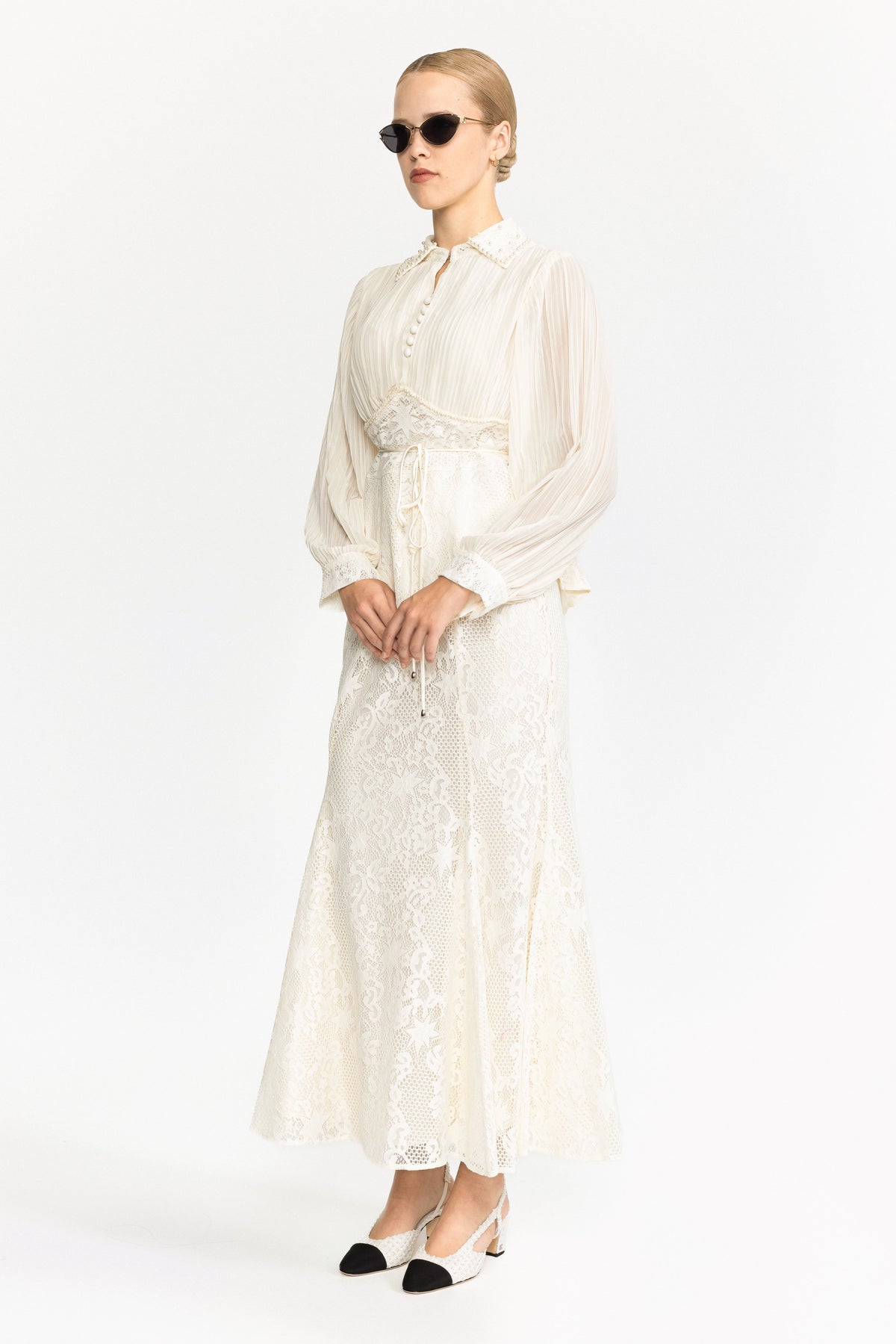 Rosalind Ivoire Pleated Chiffon Lace Peplum Blouse and Maxi Skirt Set
