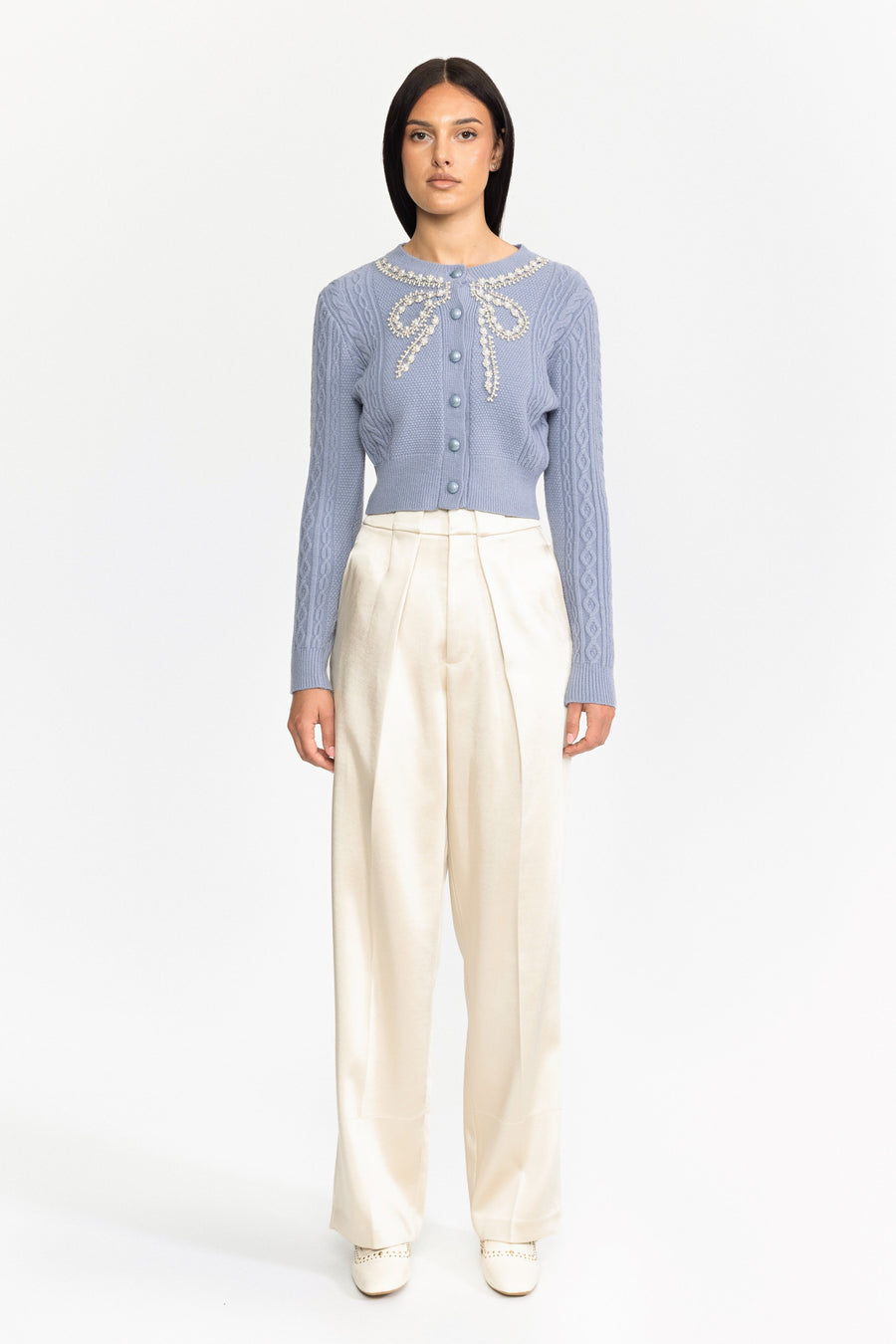 Ottilie Blue Pearl Bow Embellished Cable Knit Cardigan