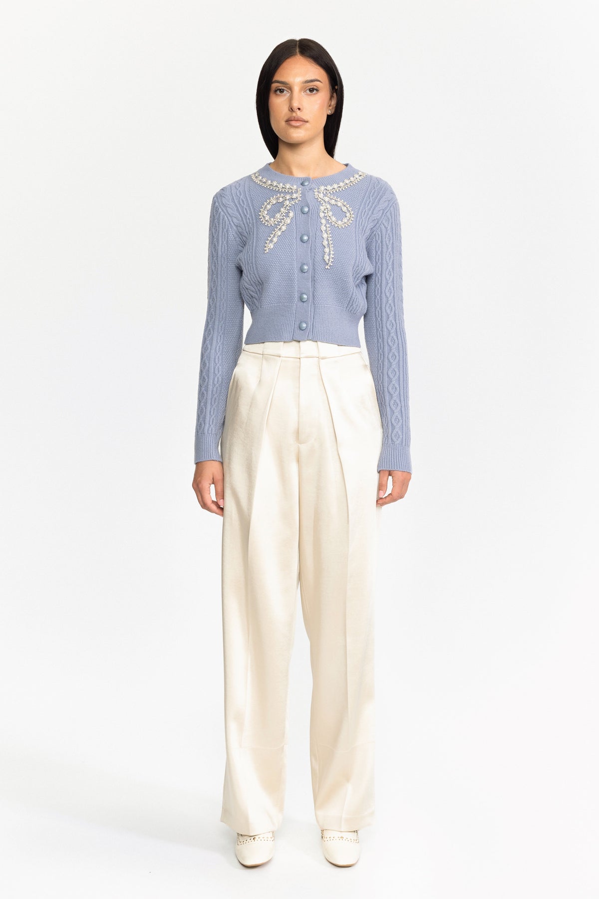Ottilie Blue Pearl Bow Embellished Cable Knit Cardigan