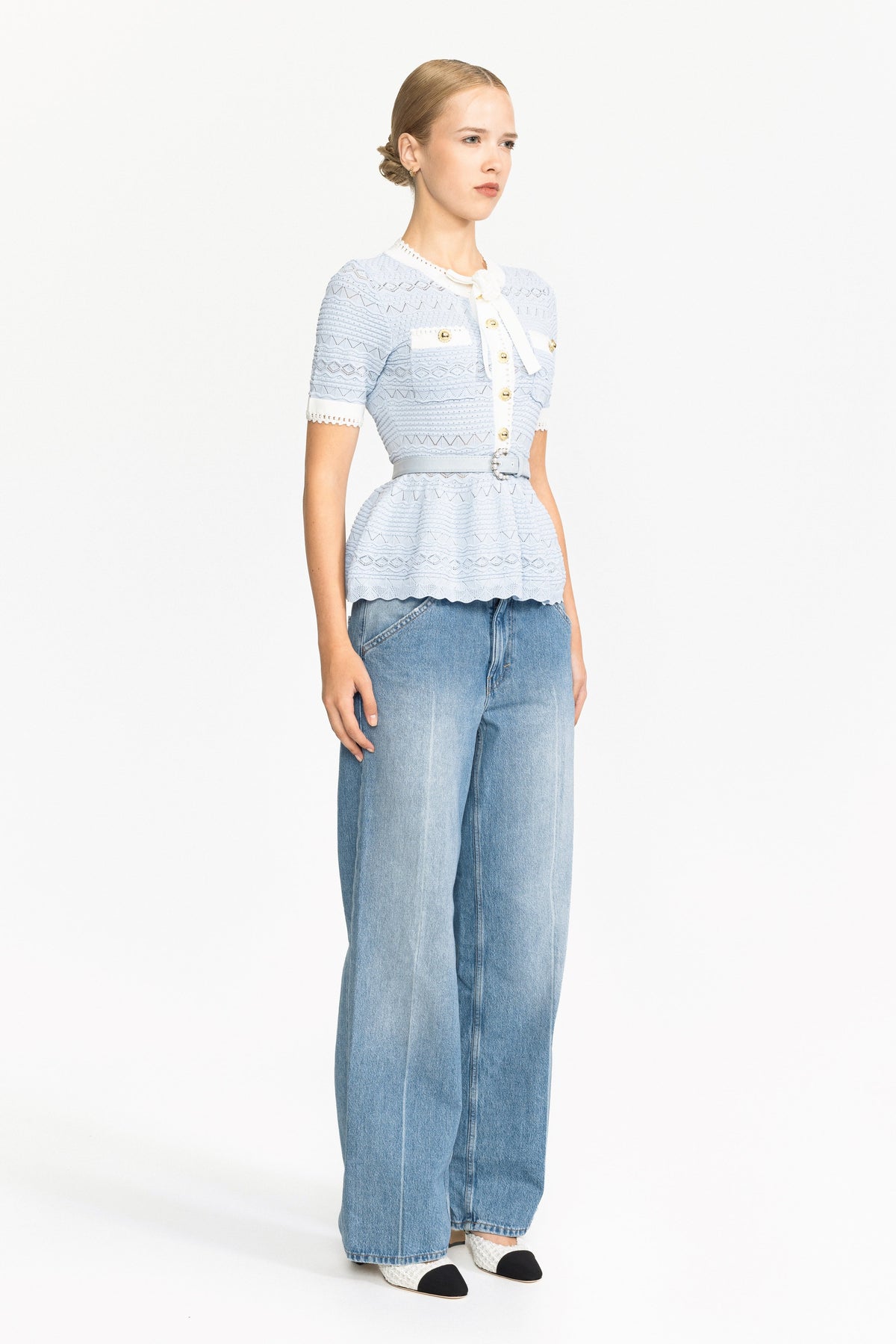 Aimée Light Blue Pointelle Knit Bow Peplum Top