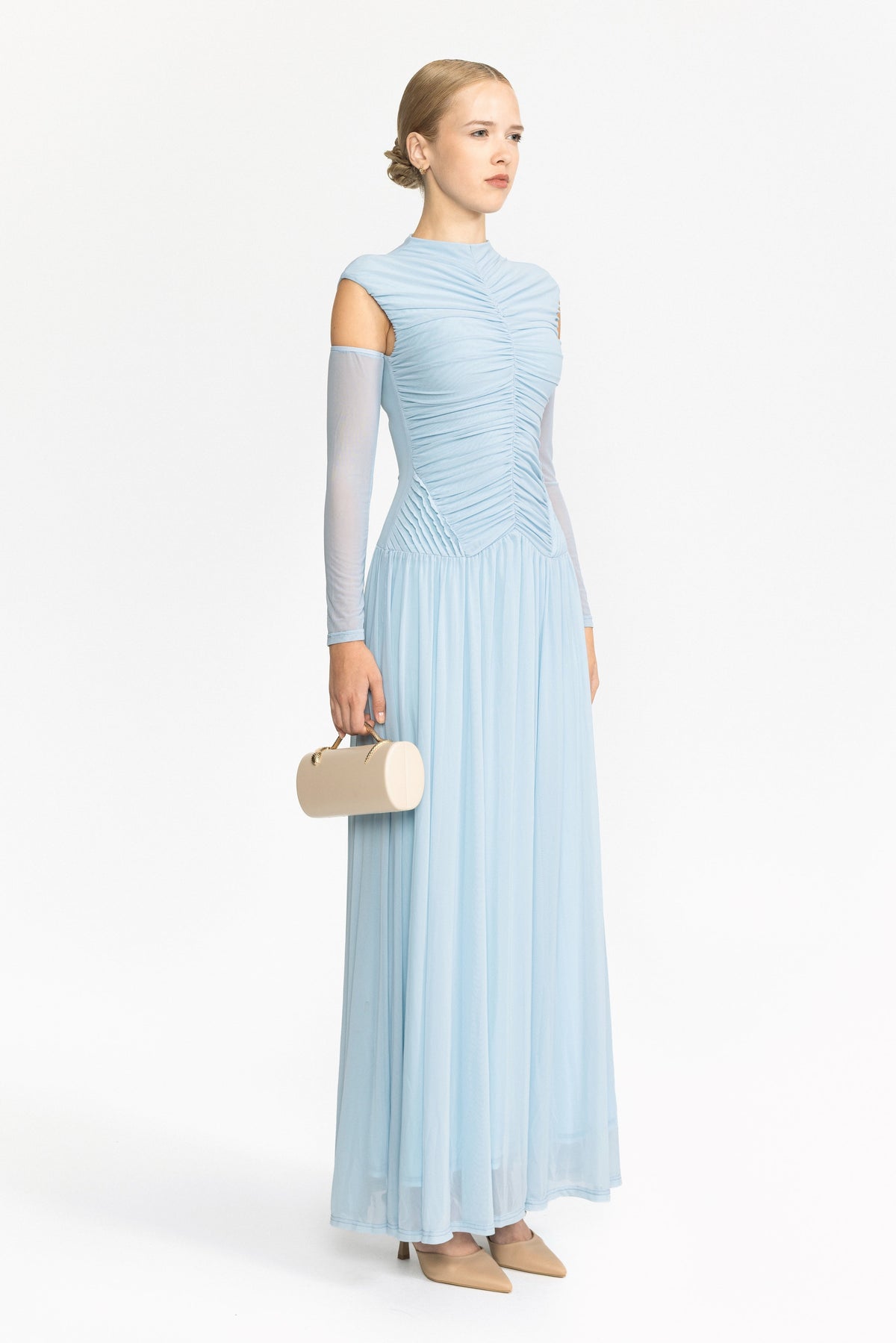 Isolde Sky Blue Ruched Mesh Drop Waist Maxi Dress