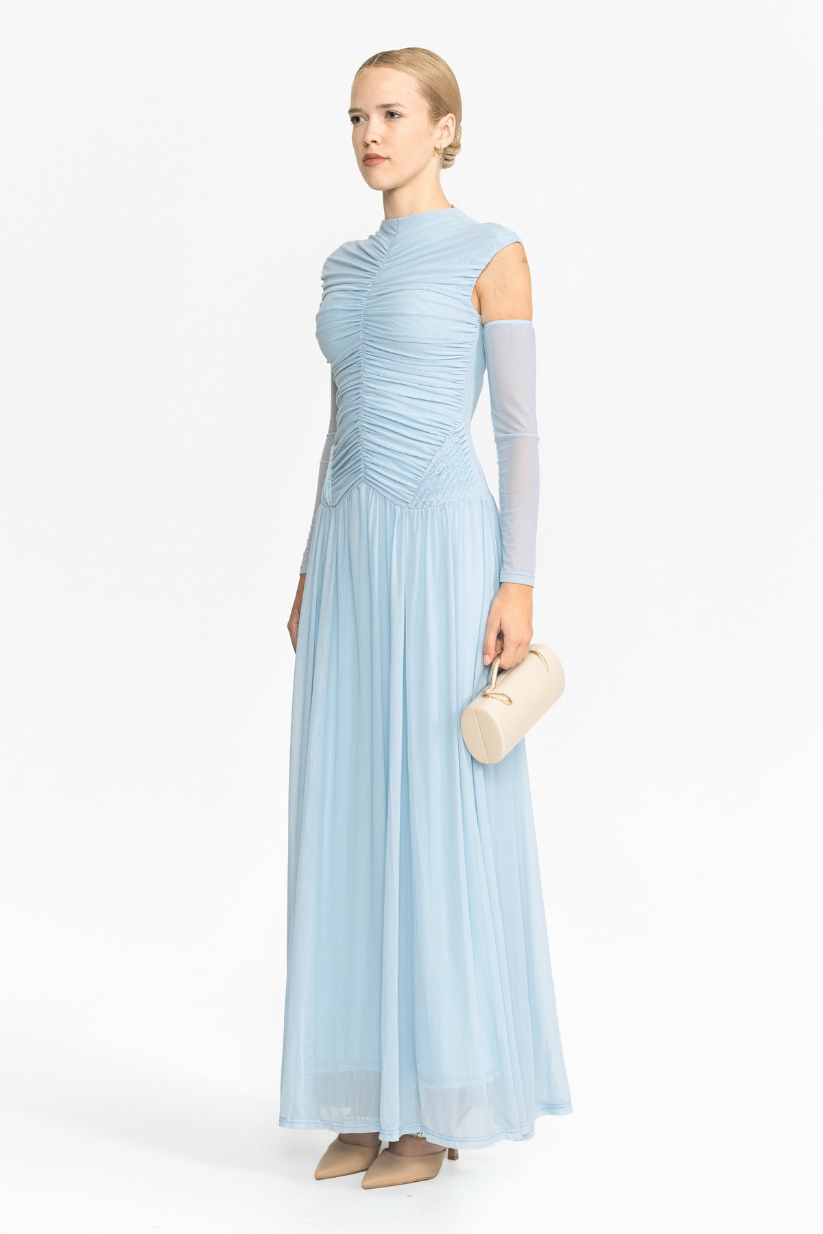 Isolde Sky Blue Ruched Mesh Drop Waist Maxi Dress