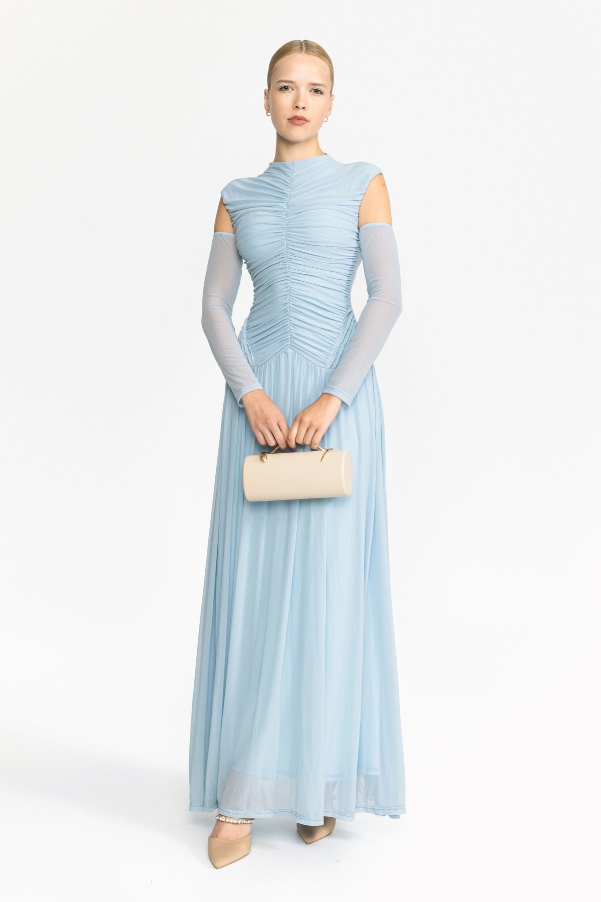 Isolde Sky Blue Ruched Mesh Drop Waist Maxi Dress