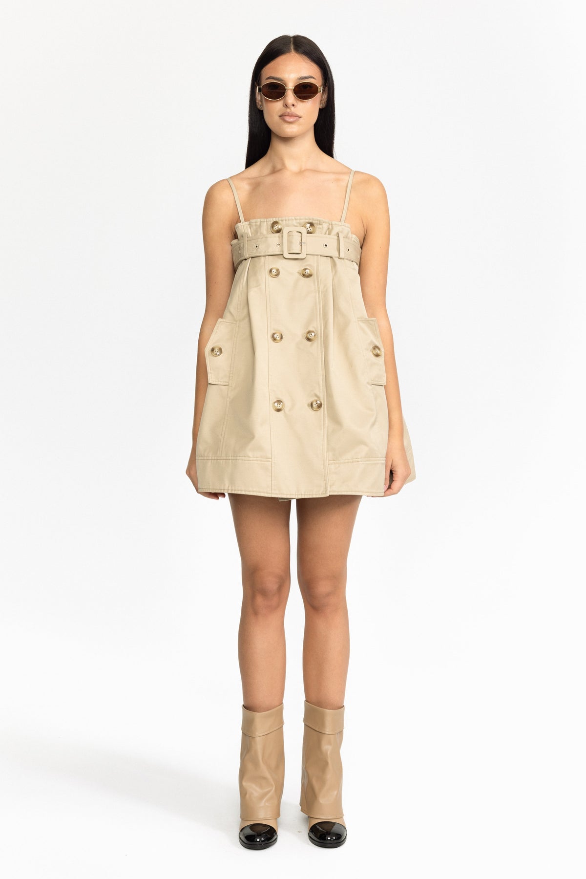 Solène Khaki Belted Trench Babydoll Mini Dress