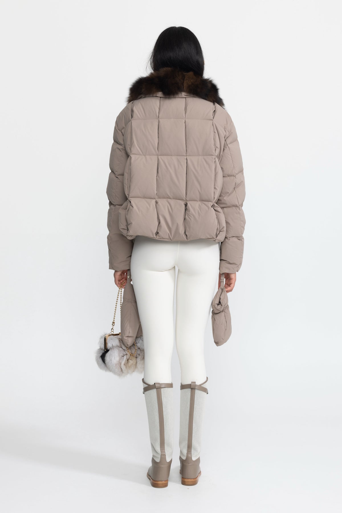 Aliénor Taupe Fox Fur Collar Cropped Down Puffer Jacket