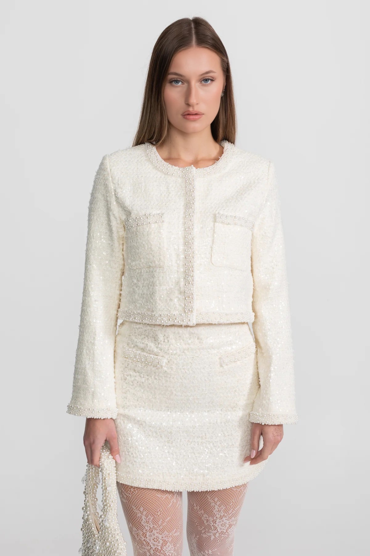 Lucinda Ivoire Tweed Mini Skirt With Beaded Trim And Hemline