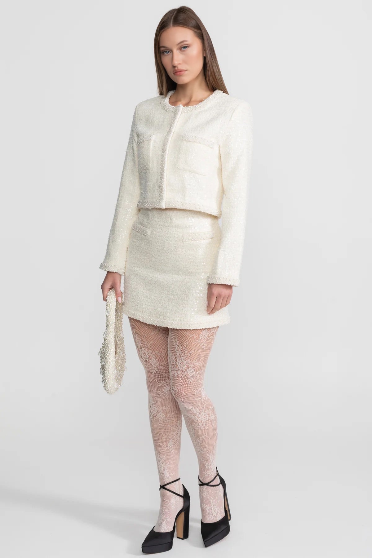 Lucinda Ivoire Tweed Mini Skirt With Beaded Trim And Hemline