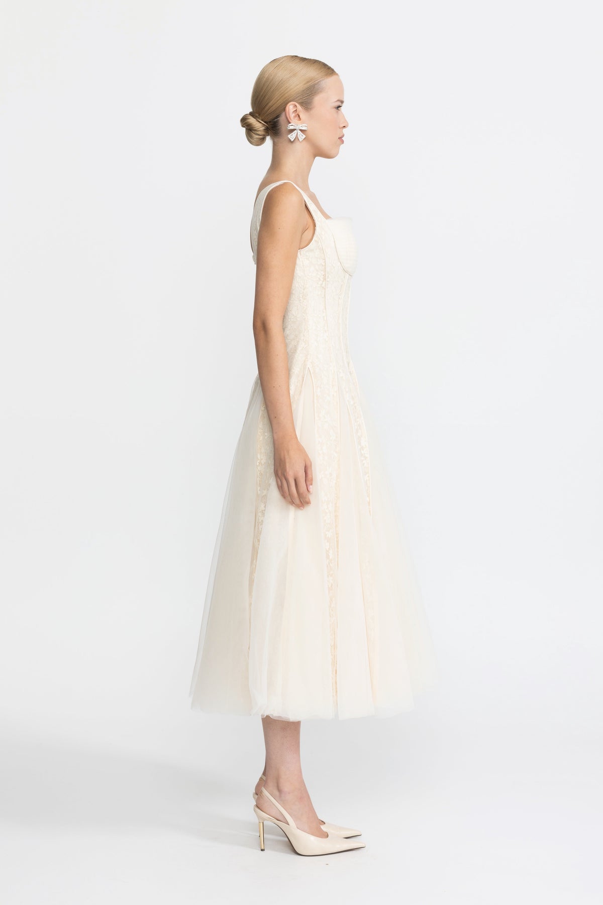Églantine Ivoire Lace Panel Corset Tulle Midi Dress