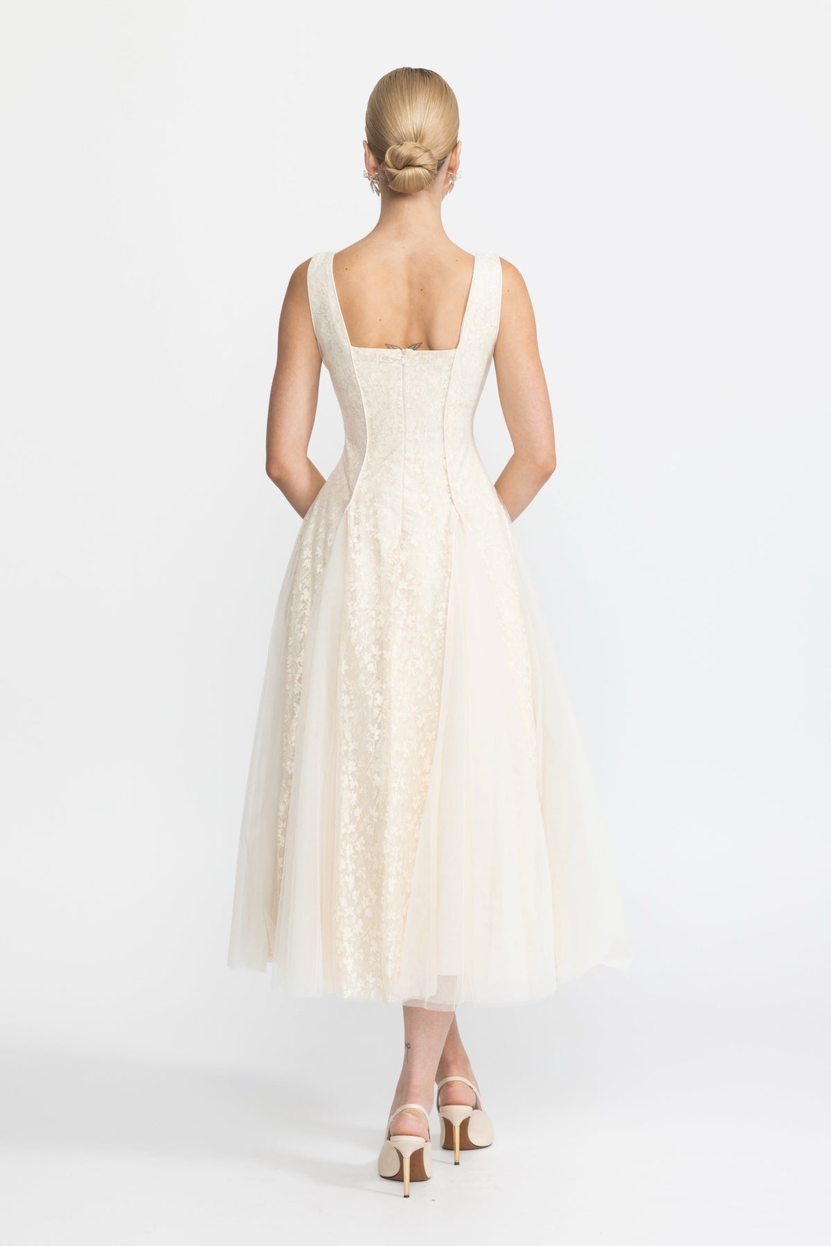 Églantine Ivoire Lace Panel Corset Tulle Midi Dress
