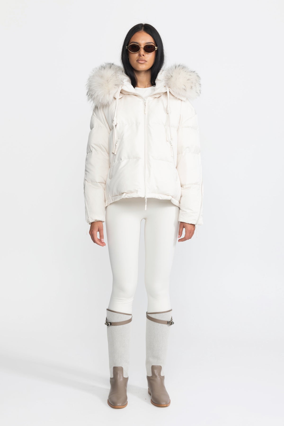 Isaure Ivoire Raccoon Fur Hood Cropped Down Puffer Jacket