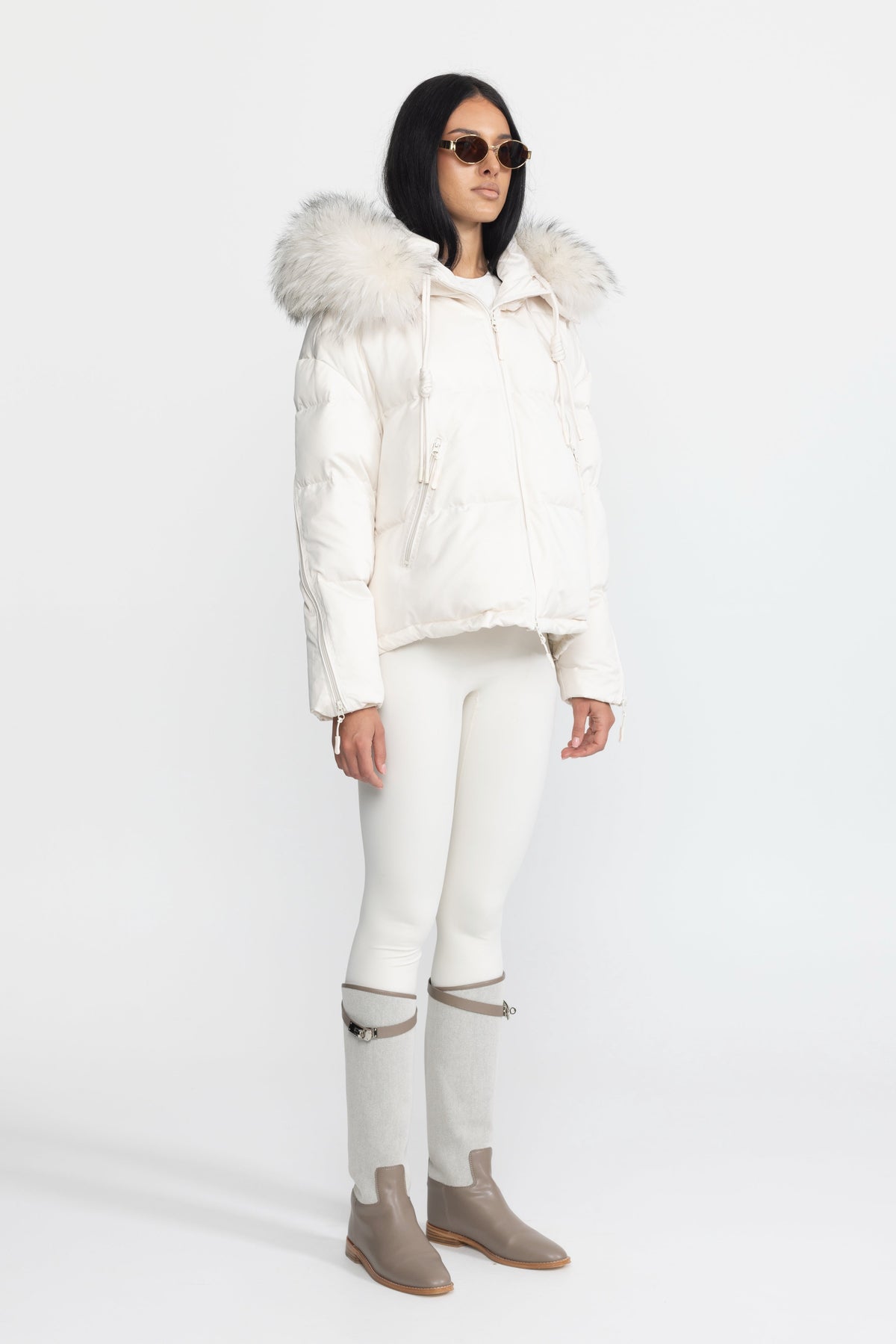 Isaure Ivoire Raccoon Fur Hood Cropped Down Puffer Jacket