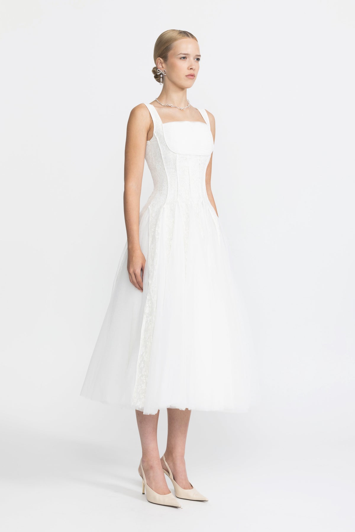 Églantine White Lace Panel Corset Tulle Midi Dress