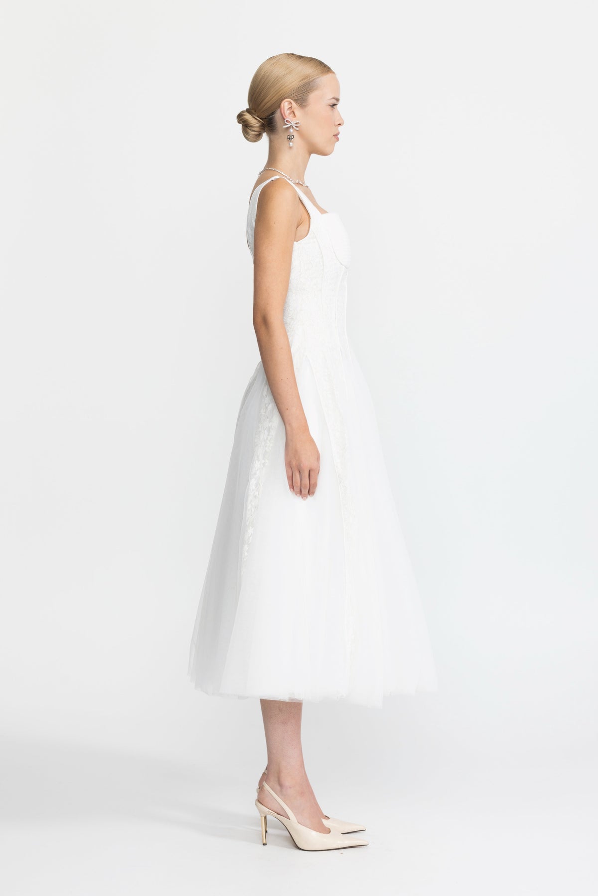 Églantine White Lace Panel Corset Tulle Midi Dress