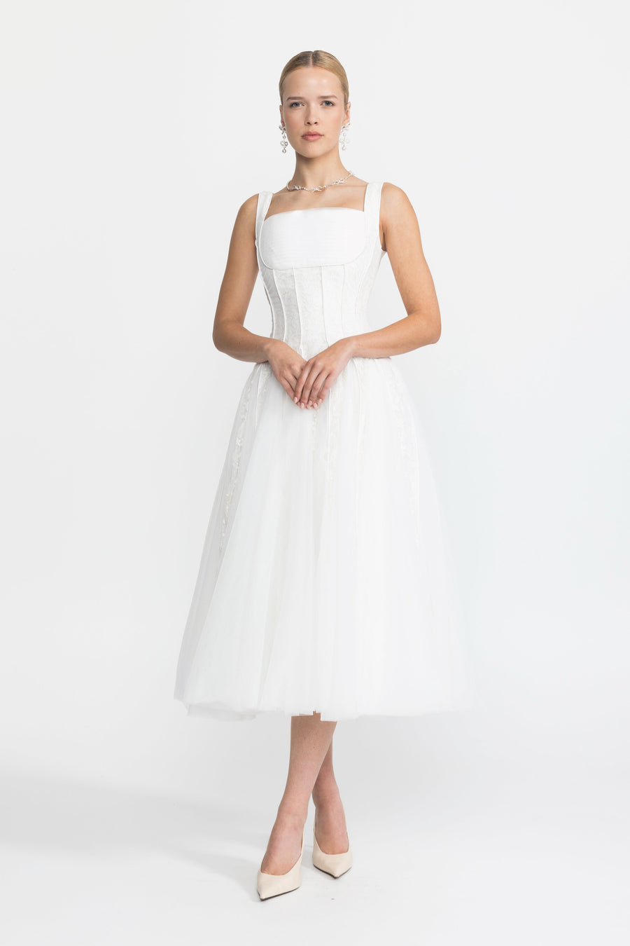 Églantine White Lace Panel Corset Tulle Midi Dress