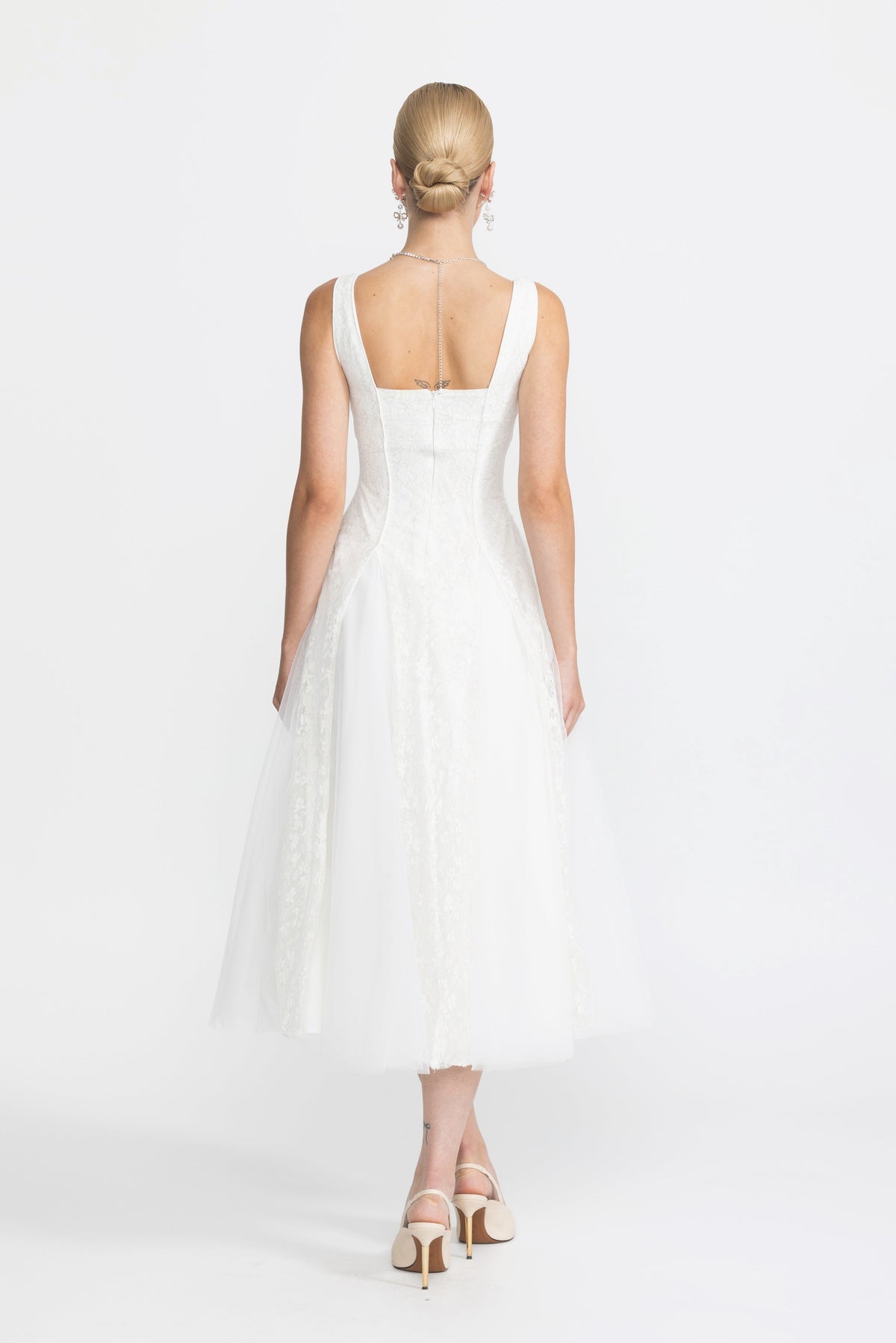 Églantine White Lace Panel Corset Tulle Midi Dress