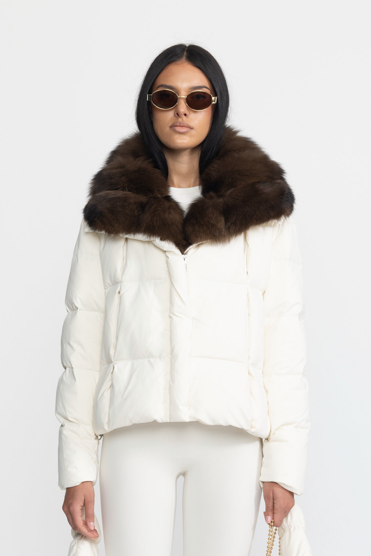 Aliénor Ivoire Fox Fur Collar Cropped Down Puffer Jacket