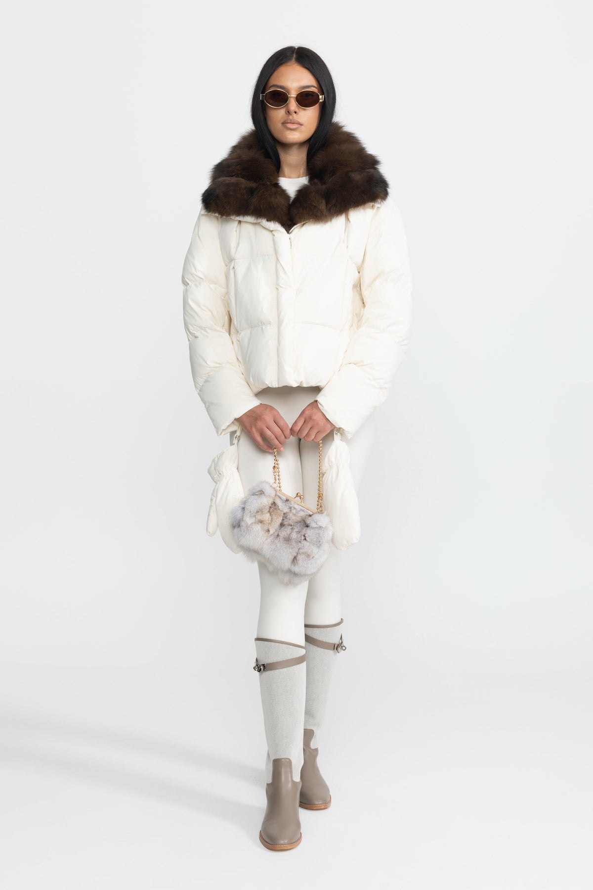 Aliénor Ivoire Fox Fur Collar Cropped Down Puffer Jacket