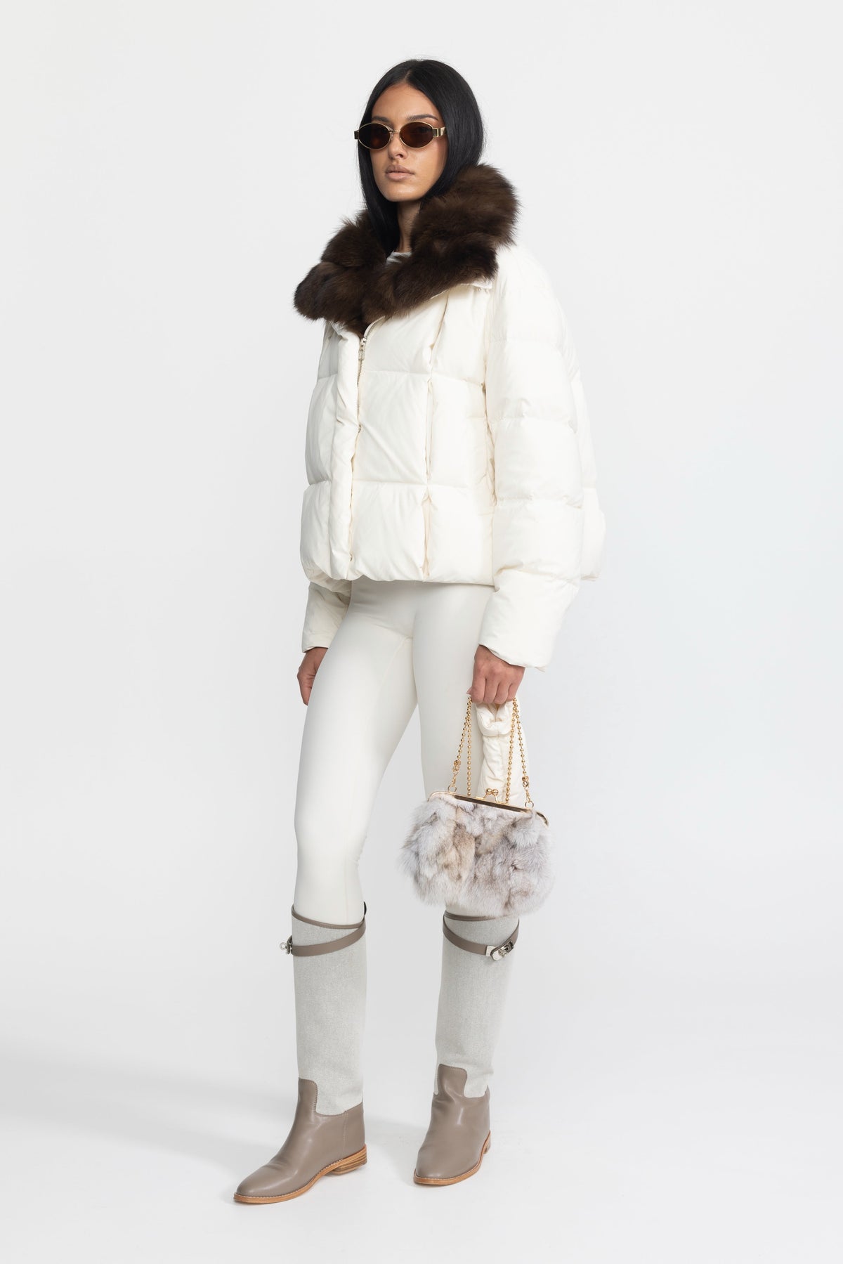 Aliénor Ivoire Fox Fur Collar Cropped Down Puffer Jacket