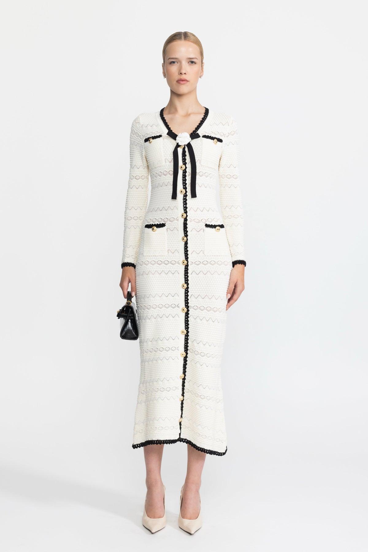 Adeline Ivoire Crochet Trim Knit Button Midi Dress with Flower Brooch