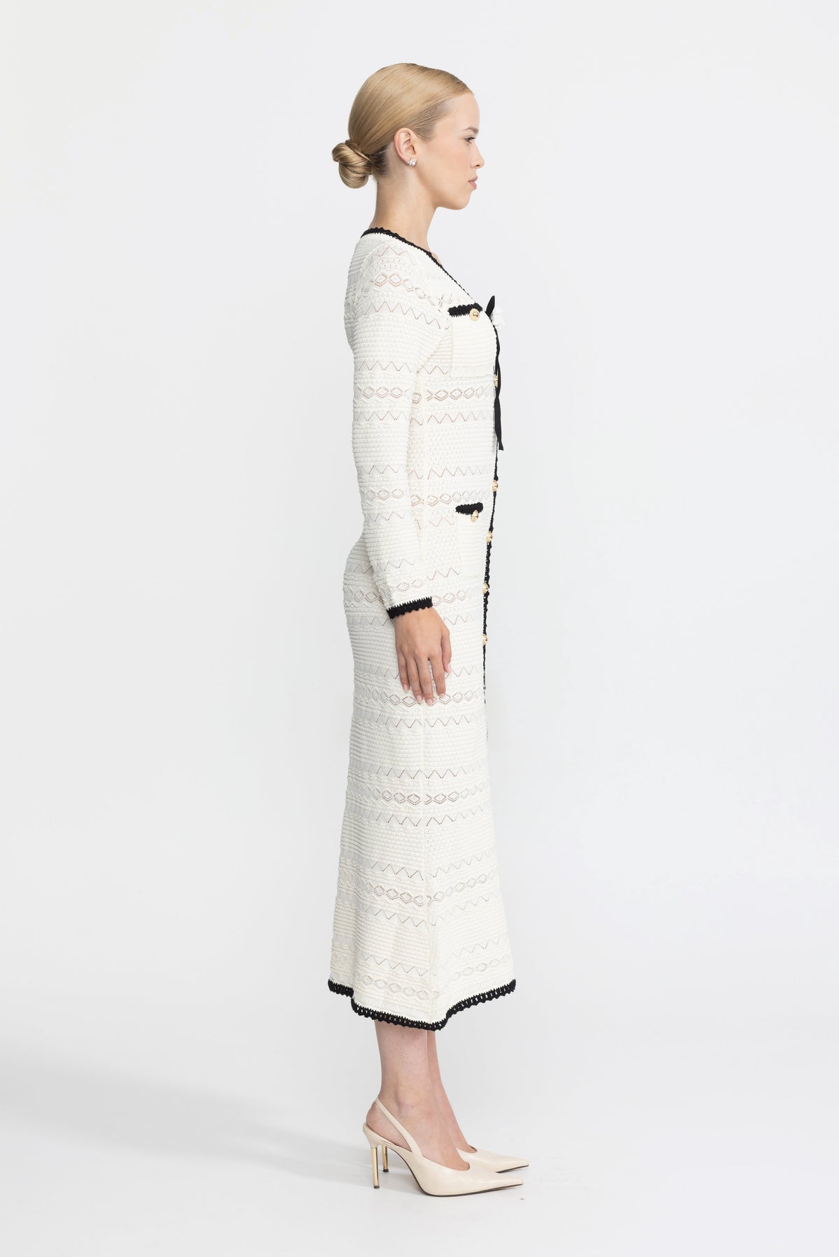 Adeline Ivoire Crochet Trim Knit Button Midi Dress with Flower Brooch