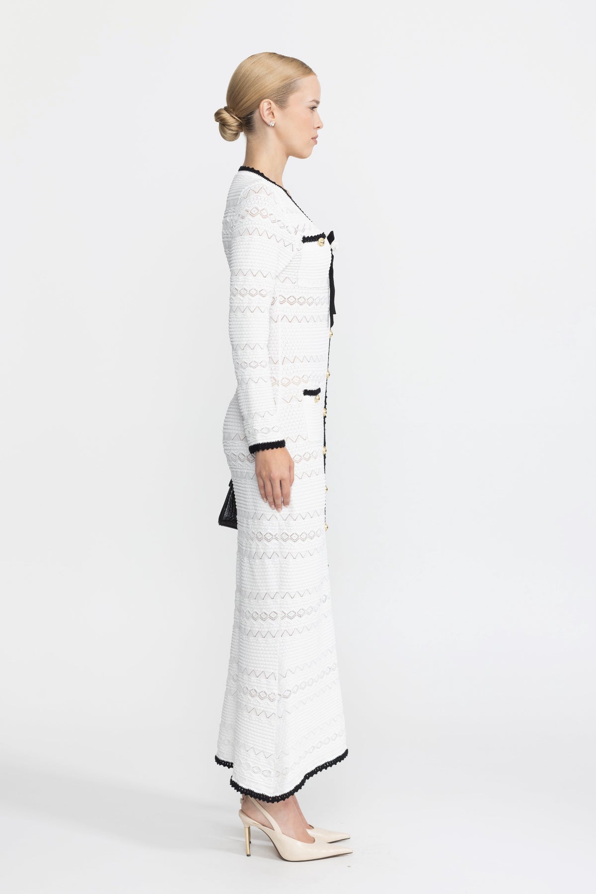 Adeline White Crochet Trim Knit Button Midi Dress with Flower Brooch