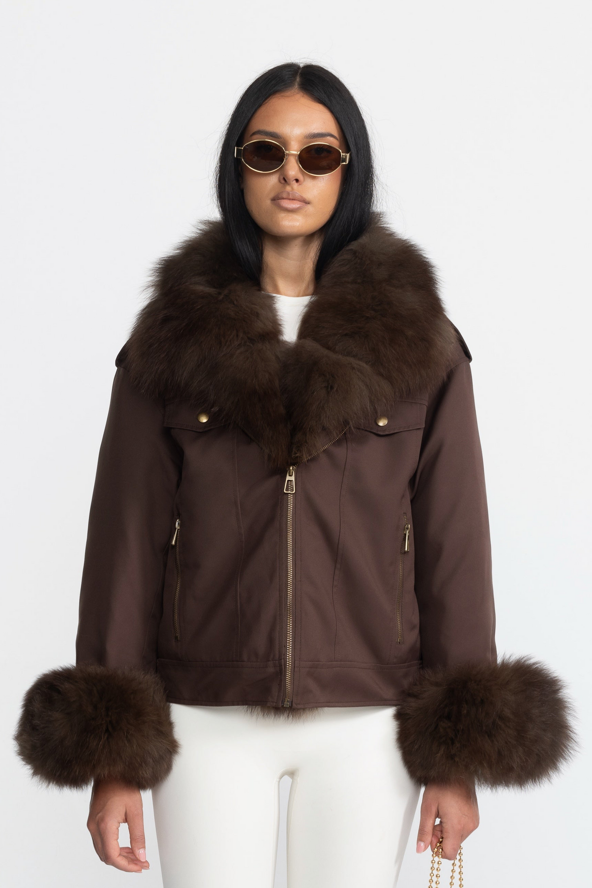Angèle Chocolate Fox Fur Collar and Cuff Down Utility Jacket