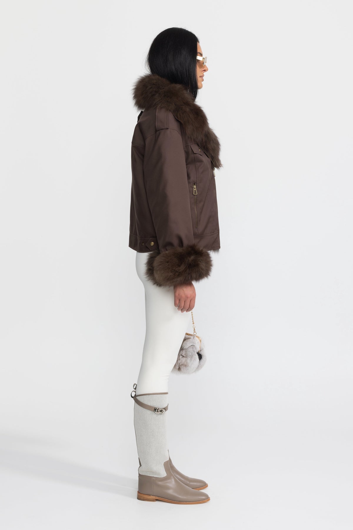 Angèle Chocolate Fox Fur Collar and Cuff Down Utility Jacket