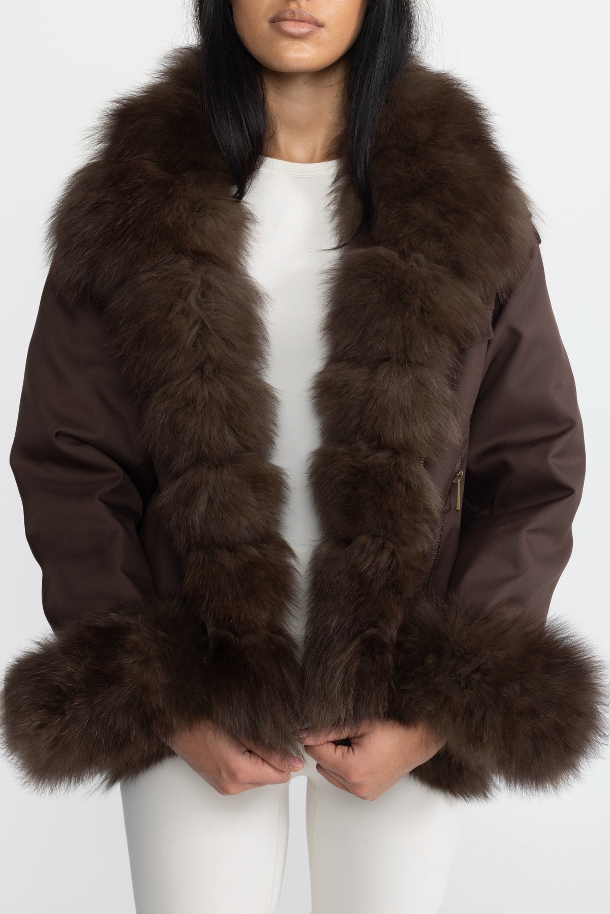 Angèle Chocolate Fox Fur Collar and Cuff Down Utility Jacket