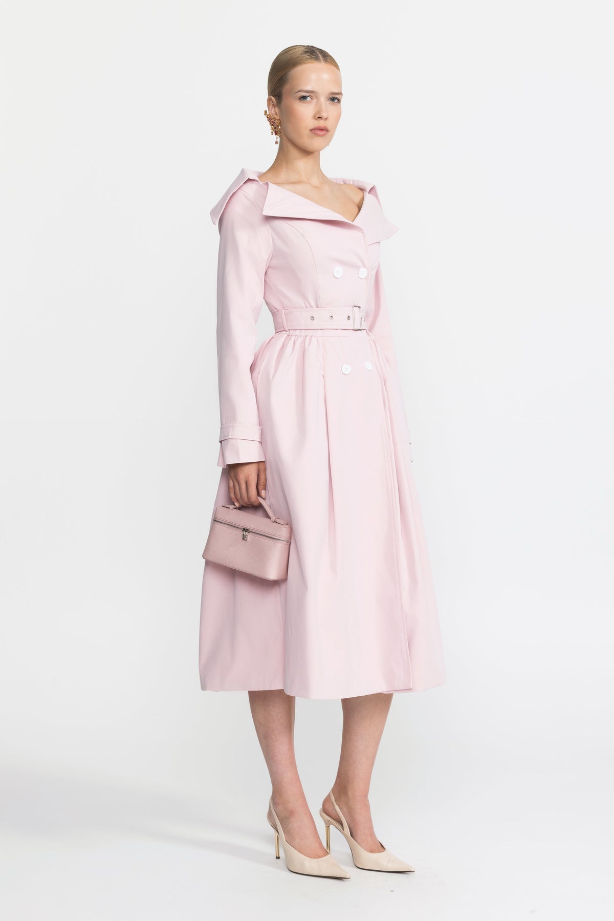 Ariane Pink Off-Shoulder Collar Belted Trench Dress